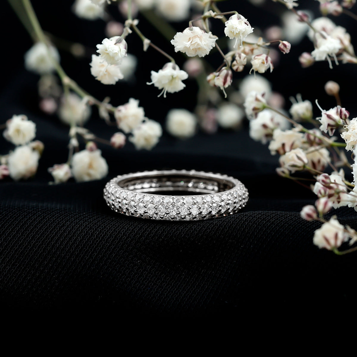 Pave Set Certified Moissanite Three Row Eternity Band D-VS1 - Rosec Jewels