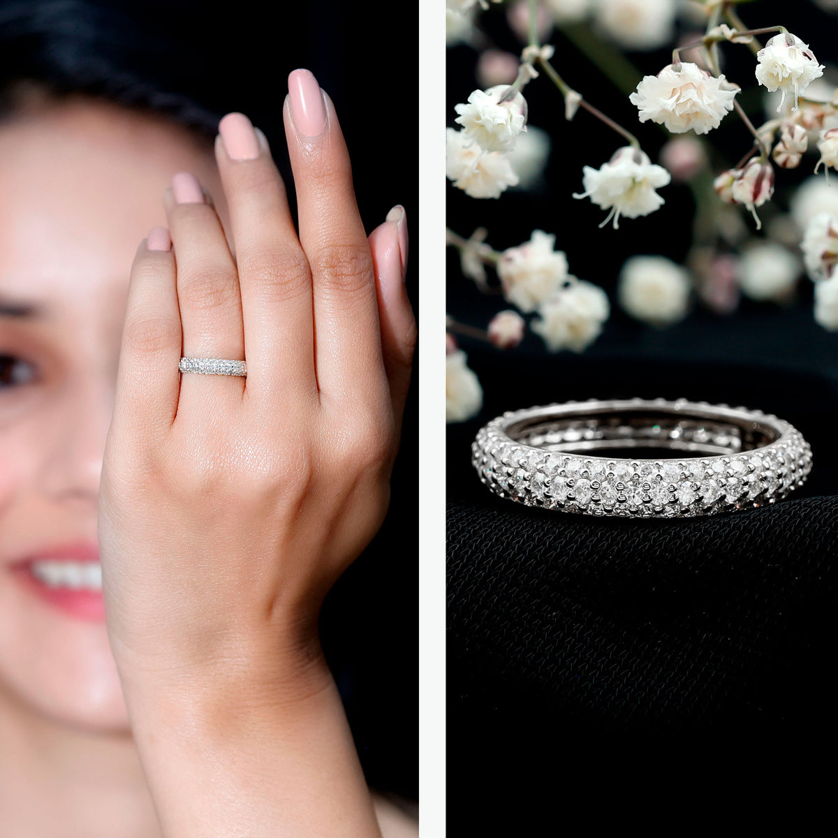 Pave Set Certified Moissanite Three Row Eternity Band D-VS1 - Rosec Jewels