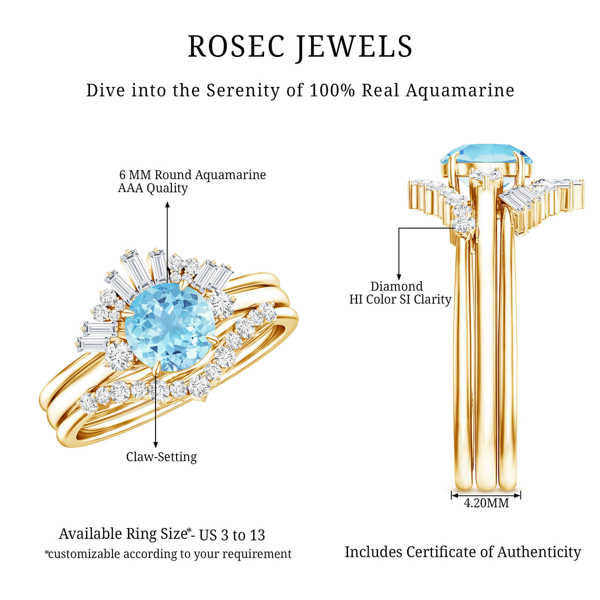 Real Aquamarine Designer Trio Wedding Ring Set with Diamond AAA - Rosec Jewels