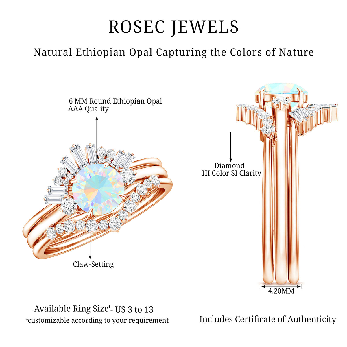 0.8 Carat Natural Ethiopian Rainbow Opal Diamond Wedding Bridal Ring Set of 3 AAA - Rosec Jewels