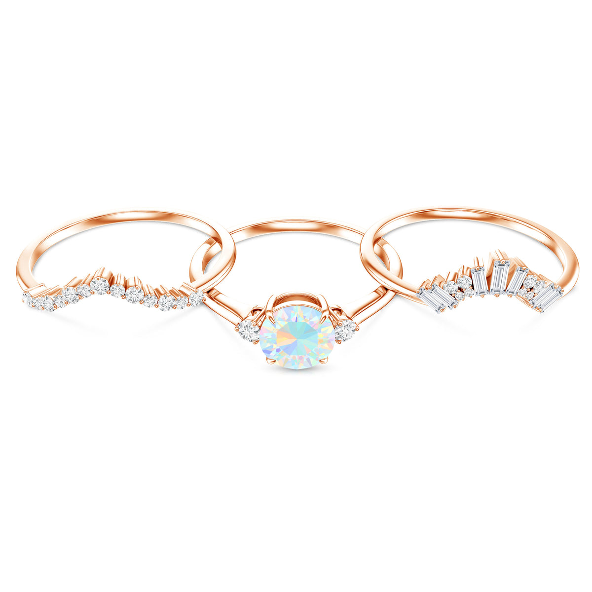 0.8 Carat Natural Ethiopian Rainbow Opal Diamond Wedding Bridal Ring Set of 3 AAA - Rosec Jewels