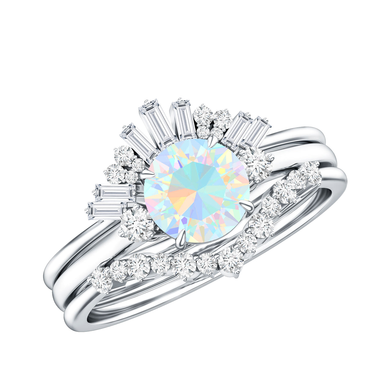 0.8 Carat Natural Ethiopian Rainbow Opal Diamond Wedding Bridal Ring Set of 3 AAA - Rosec Jewels