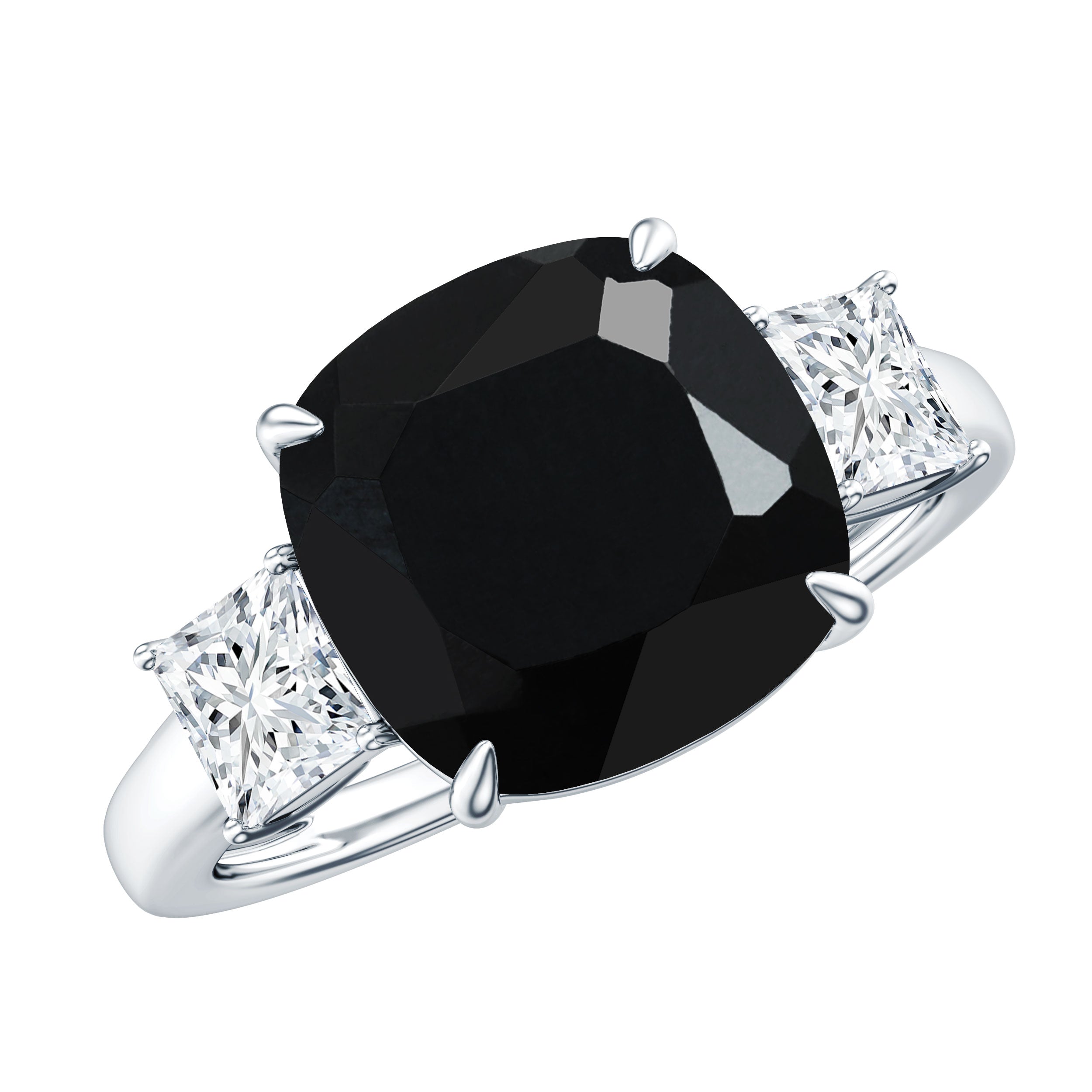 3.8 Carat Cushion Cut Lab Grown Black Diamond Three Engagement Ring with Moissanite AAAA ( Synthetic ) - Rosec Jewels