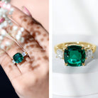 Lab Grown Emerald Cushion Engagement Ring with Moissanite AAAA - Rosec Jewels