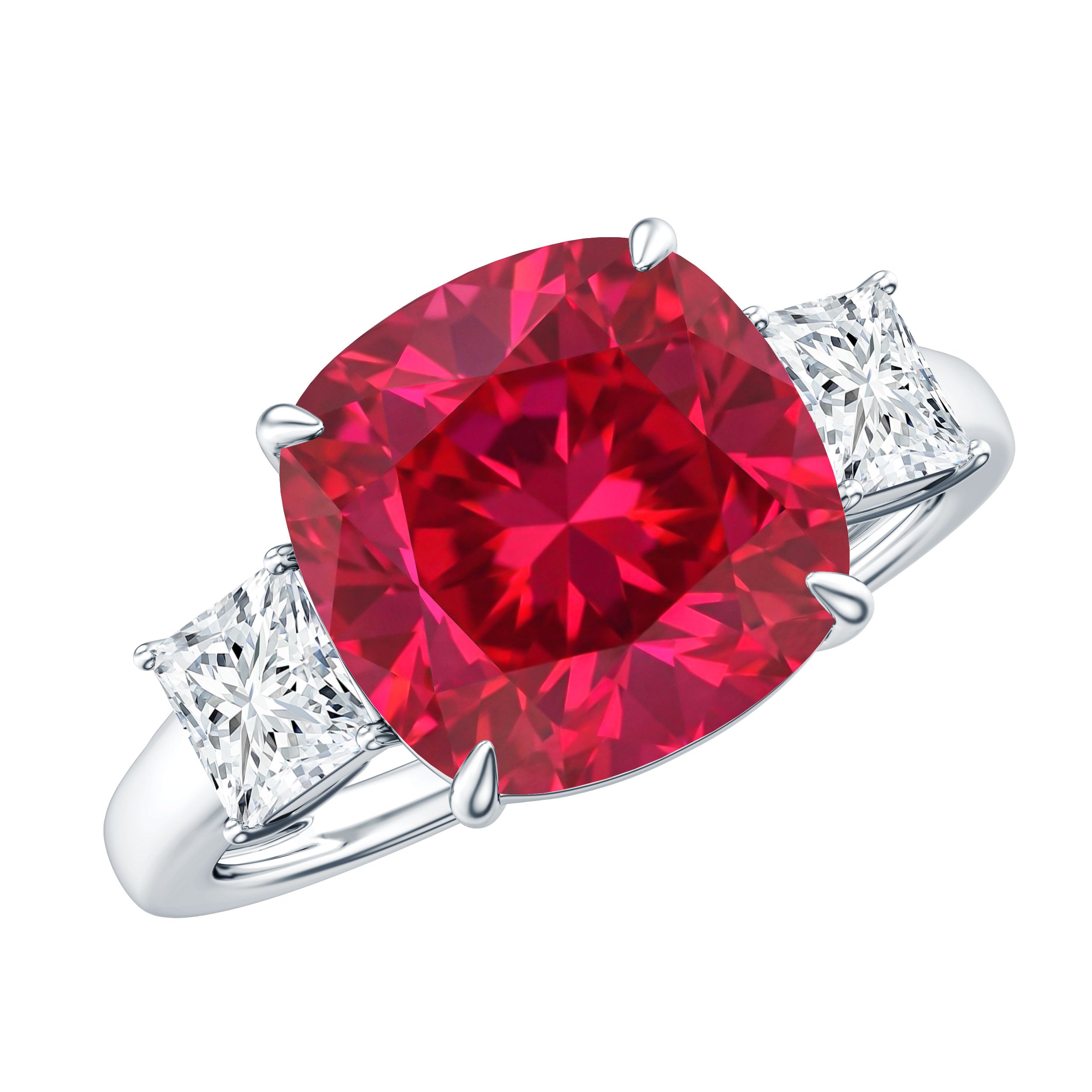 Lab Created Ruby Cushion Engagement Ring with Moissanite AAAA - Rosec Jewels