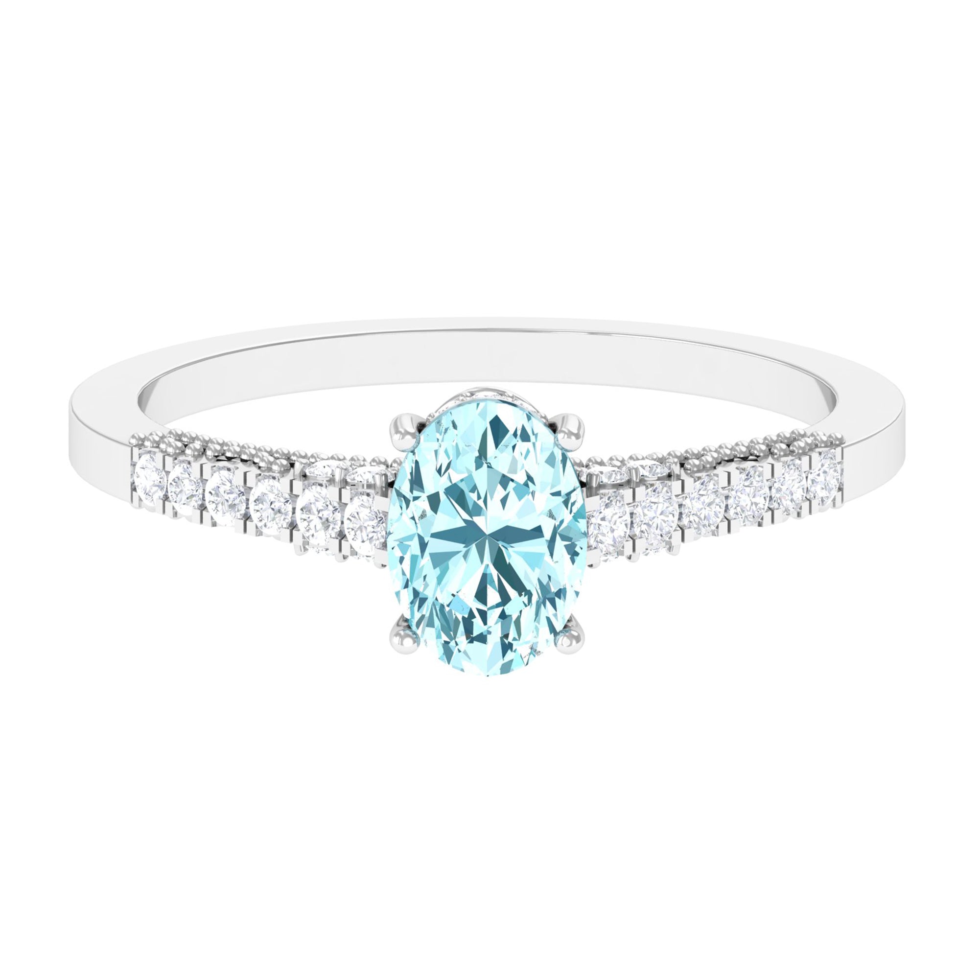 1 Carat Genuine Aquamarine Oval Engagement Ring with Diamond Side Stones AAA - Rosec Jewels