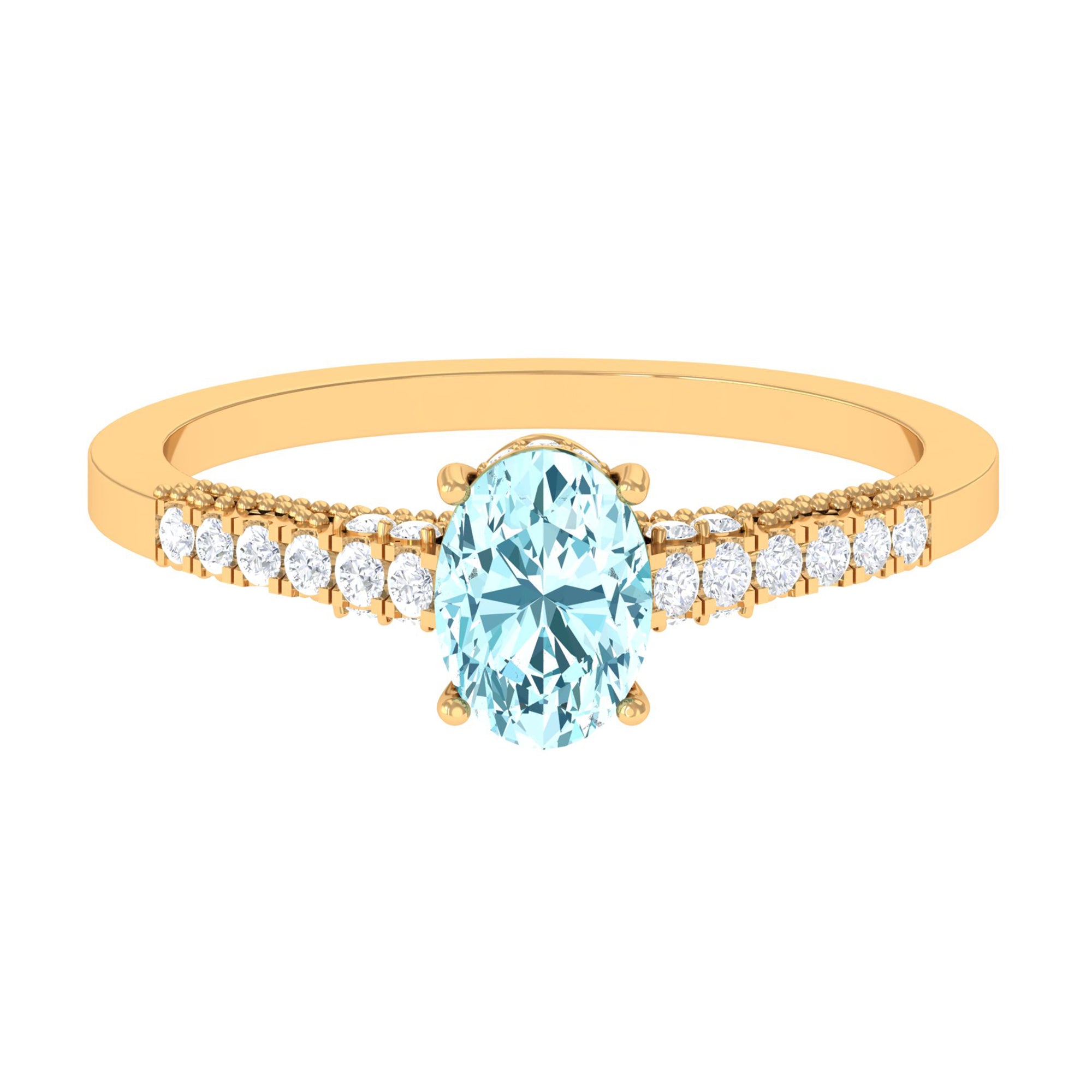 1 Carat Genuine Aquamarine Oval Engagement Ring with Diamond Side Stones AAA - Rosec Jewels