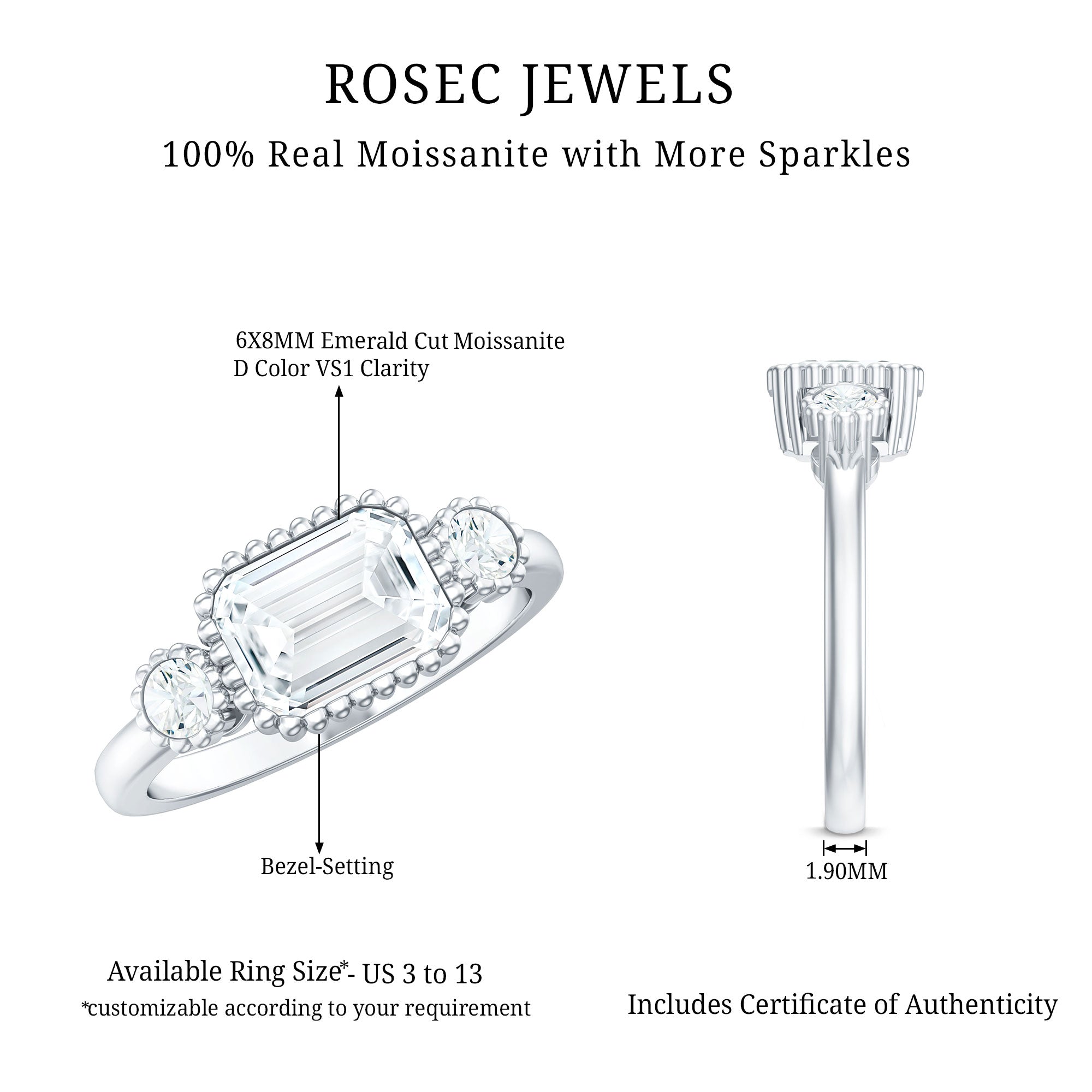 Emerald Cut Moissanite 3 Stone Engagement Ring in East West Style D-VS1 - Rosec Jewels