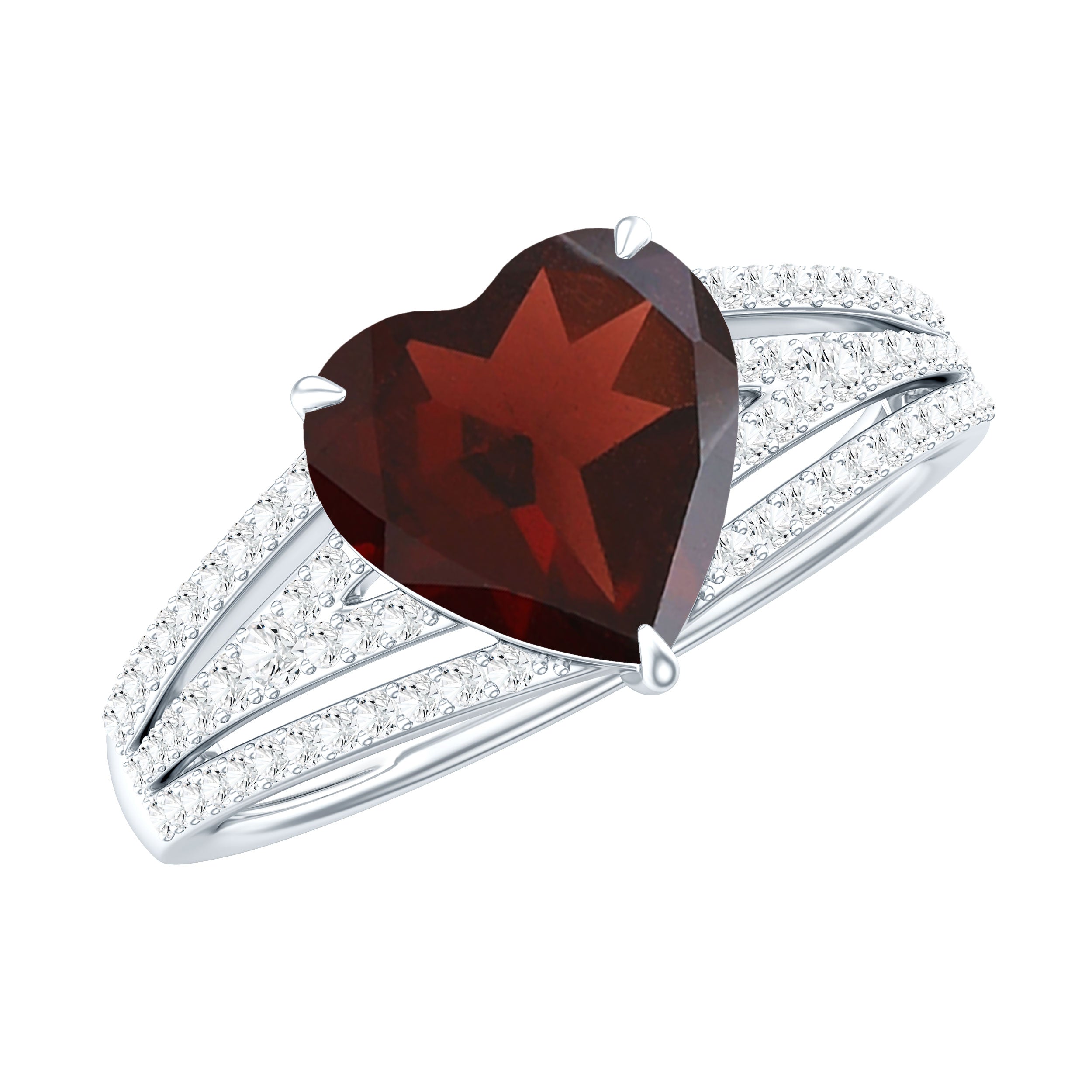 Natural 8mm Garnet Heart Engagement Ring with Diamond Split Shank AAA - Rosec Jewels