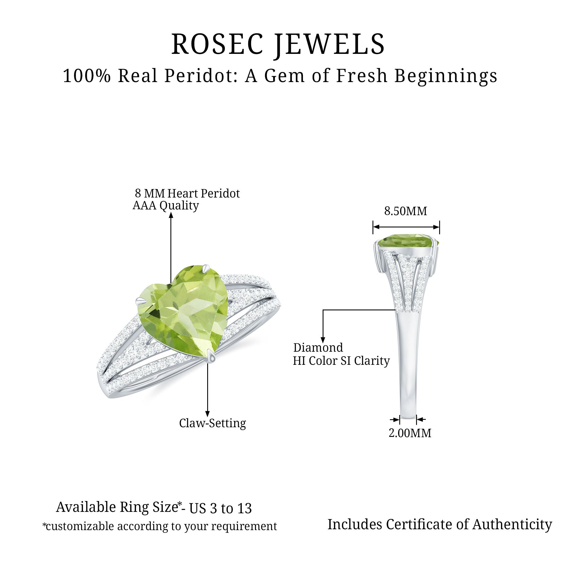 Heart Shape Peridot Designer Engagement Ring with Diamond Split Shank Peridot - ( AAA ) - Quality - Rosec Jewels