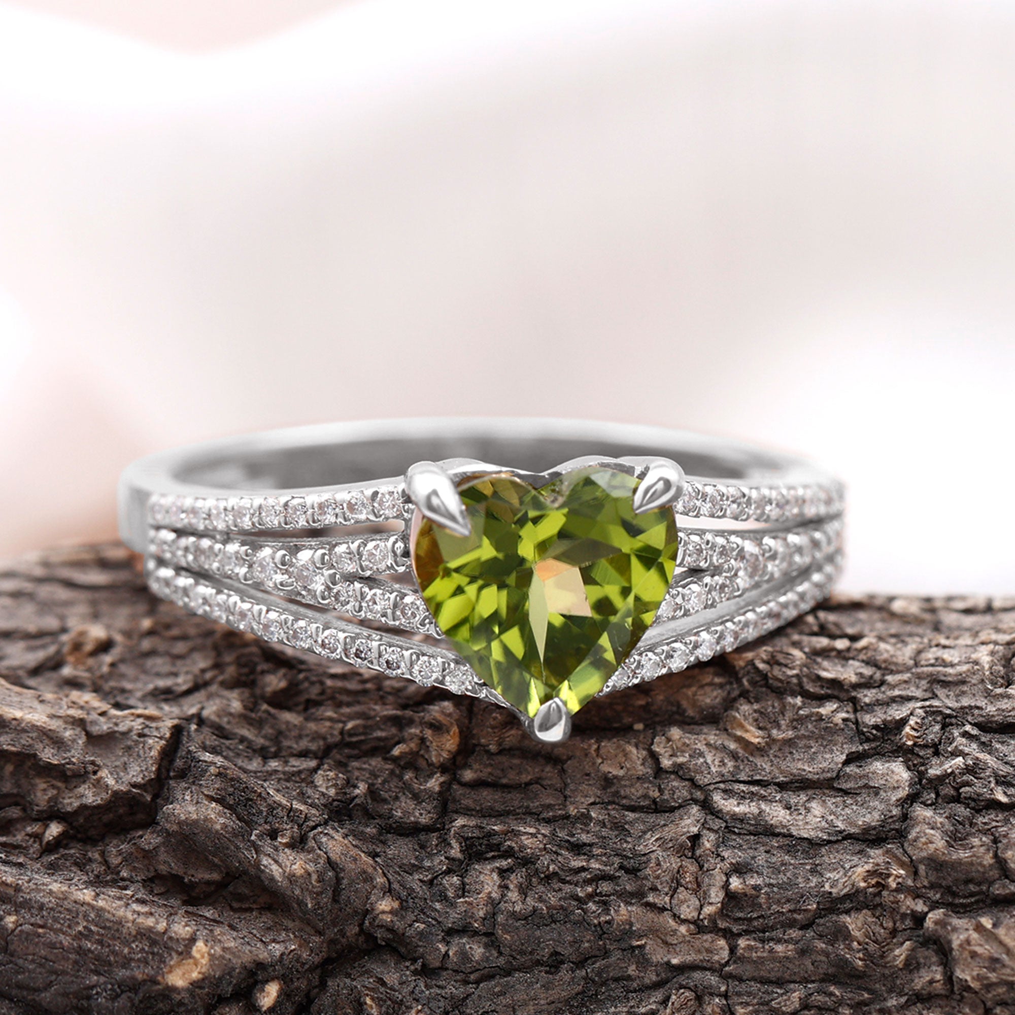Heart Shape Peridot Designer Engagement Ring with Diamond Split Shank Peridot - ( AAA ) - Quality - Rosec Jewels