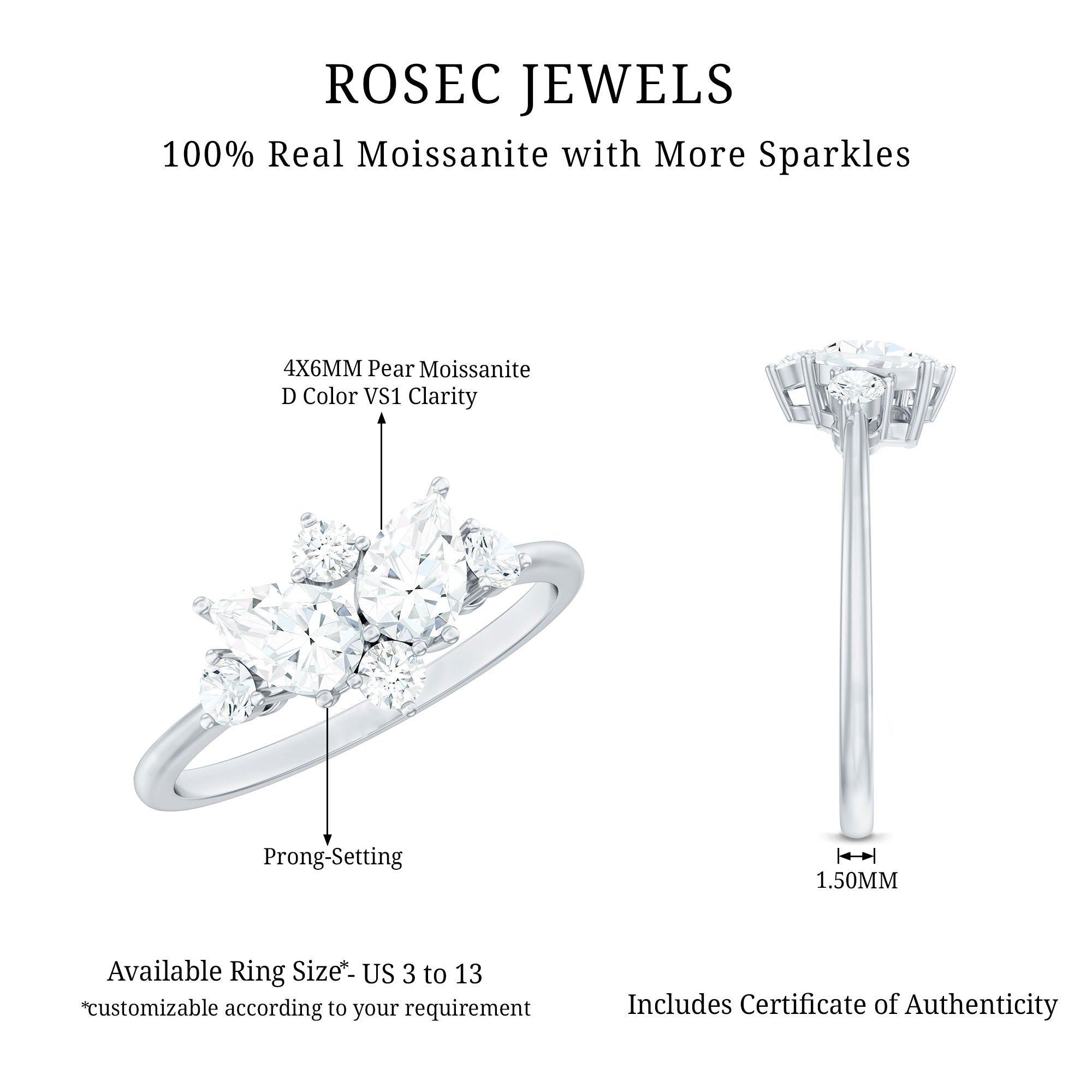 Pear and Round Moissanite Cluster Promise Ring D-VS1 - Rosec Jewels