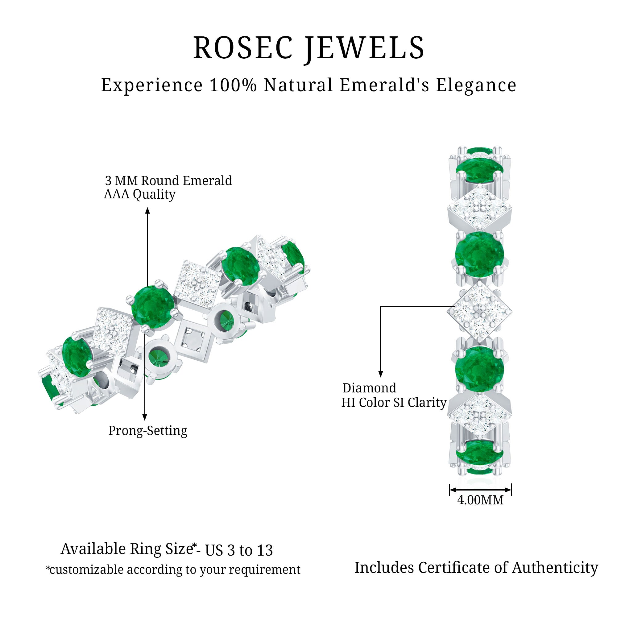 Genuine Emerald and Diamond Eternity Wedding Band AAA - Rosec Jewels