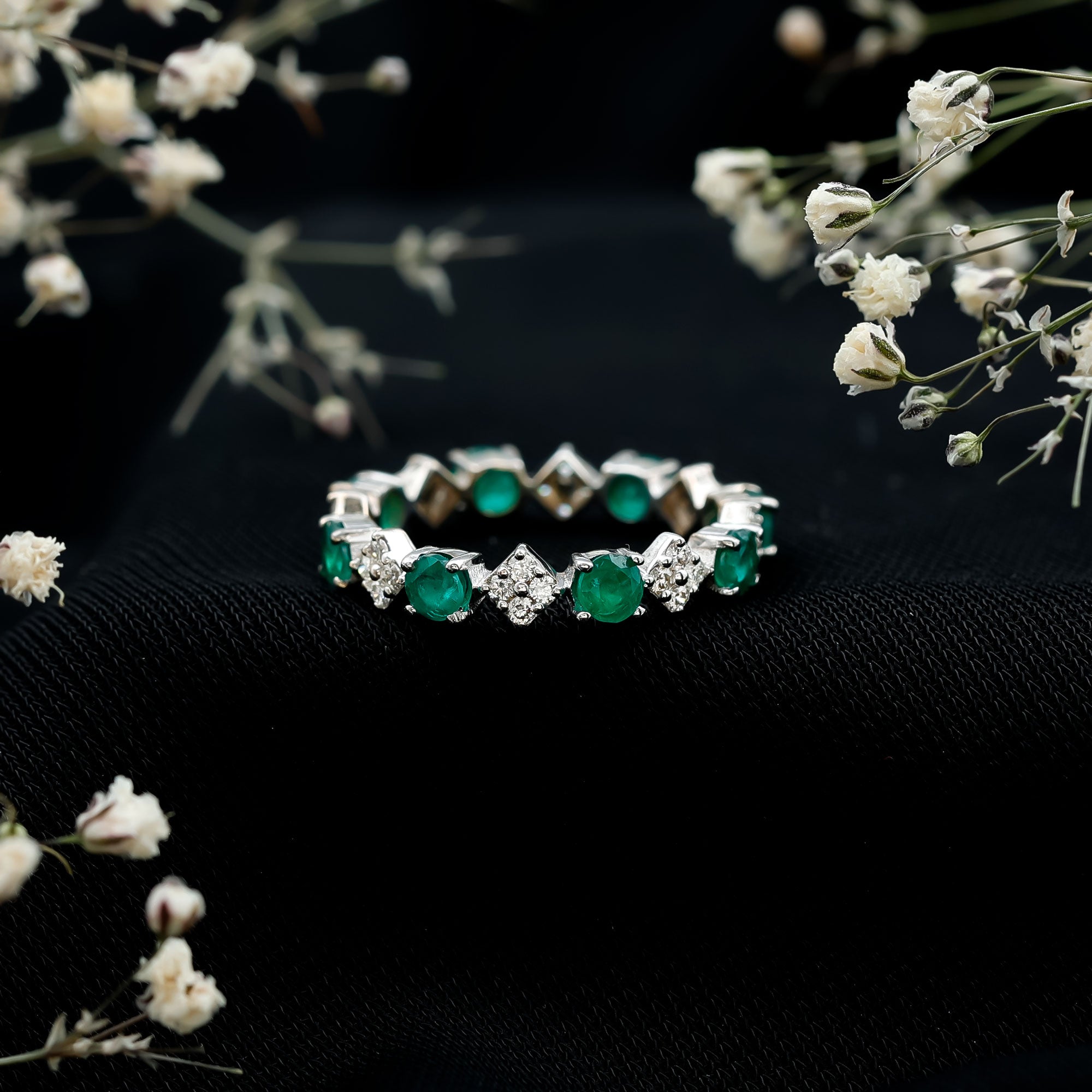 Genuine Emerald and Diamond Eternity Wedding Band AAA - Rosec Jewels