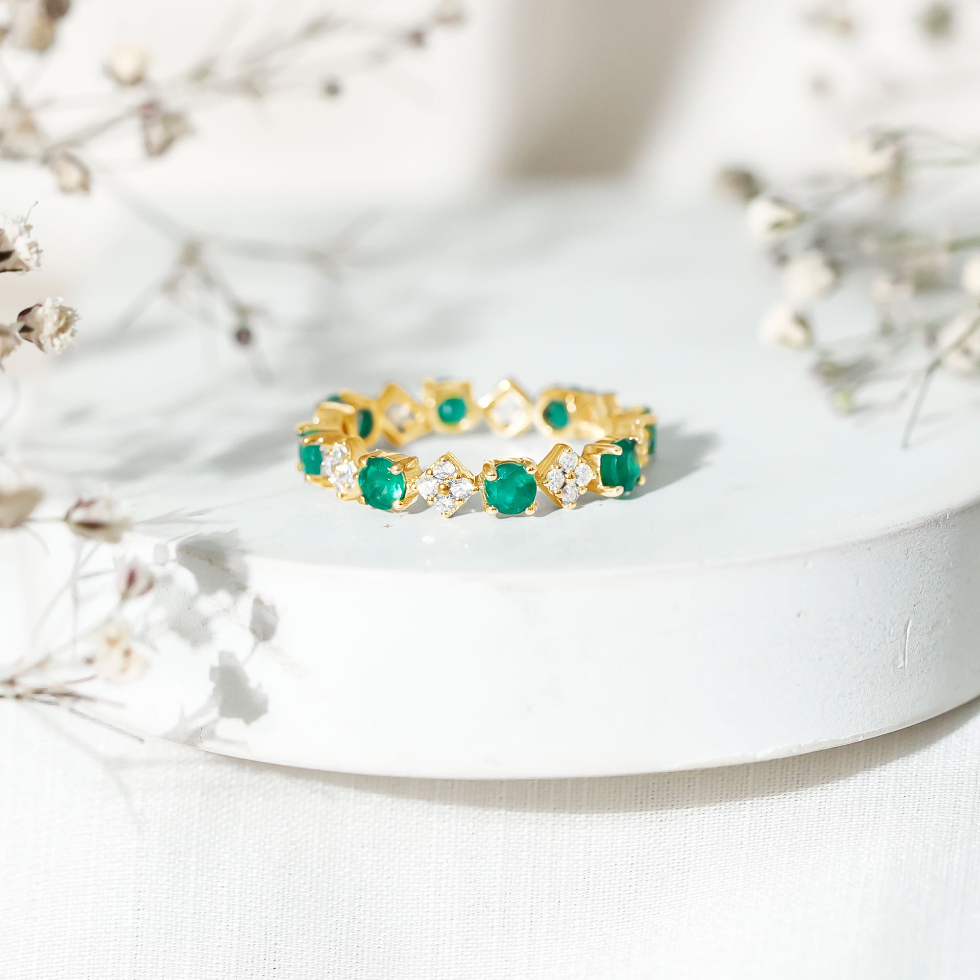 Genuine Emerald and Diamond Eternity Wedding Band AAA - Rosec Jewels