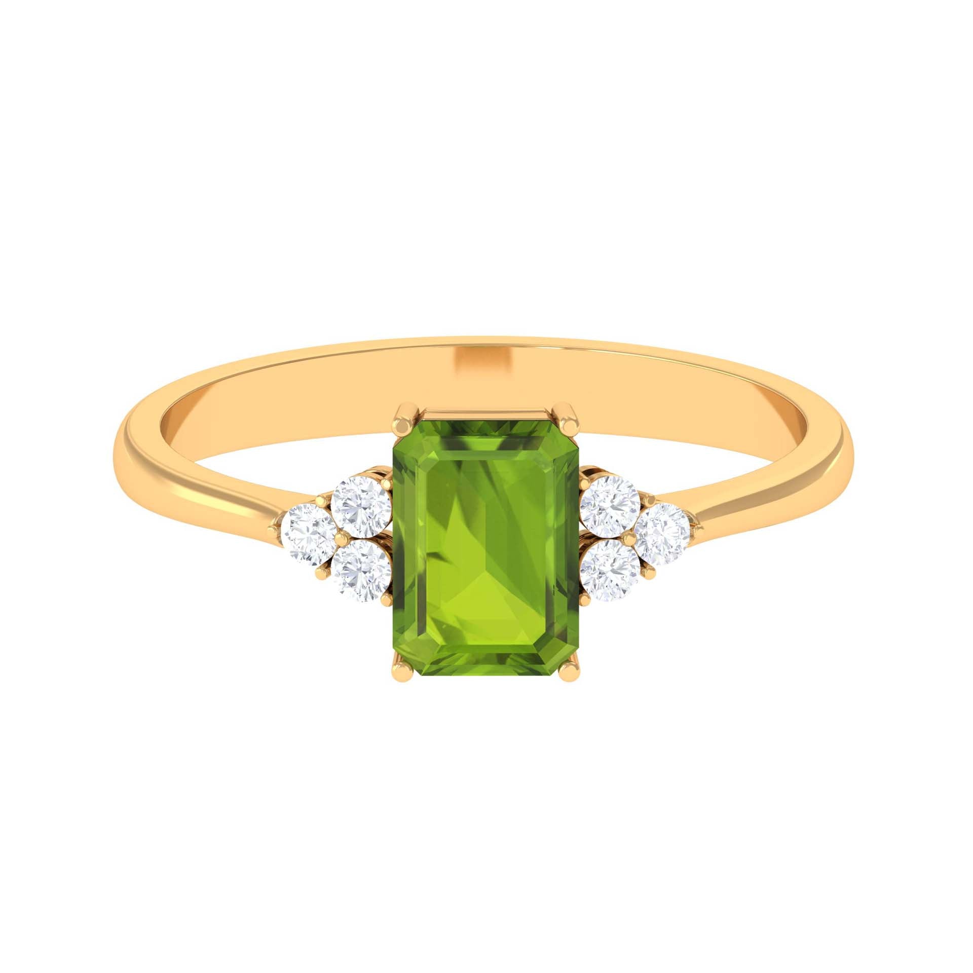 Emerald Cut Peridot Engagement Ring with Diamond Trio Peridot - ( AAA ) - Quality - Rosec Jewels