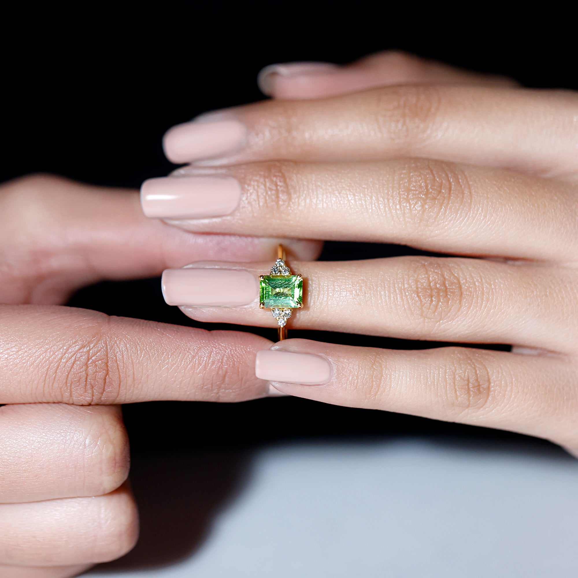 Emerald Cut Peridot Engagement Ring with Diamond Trio Peridot - ( AAA ) - Quality - Rosec Jewels