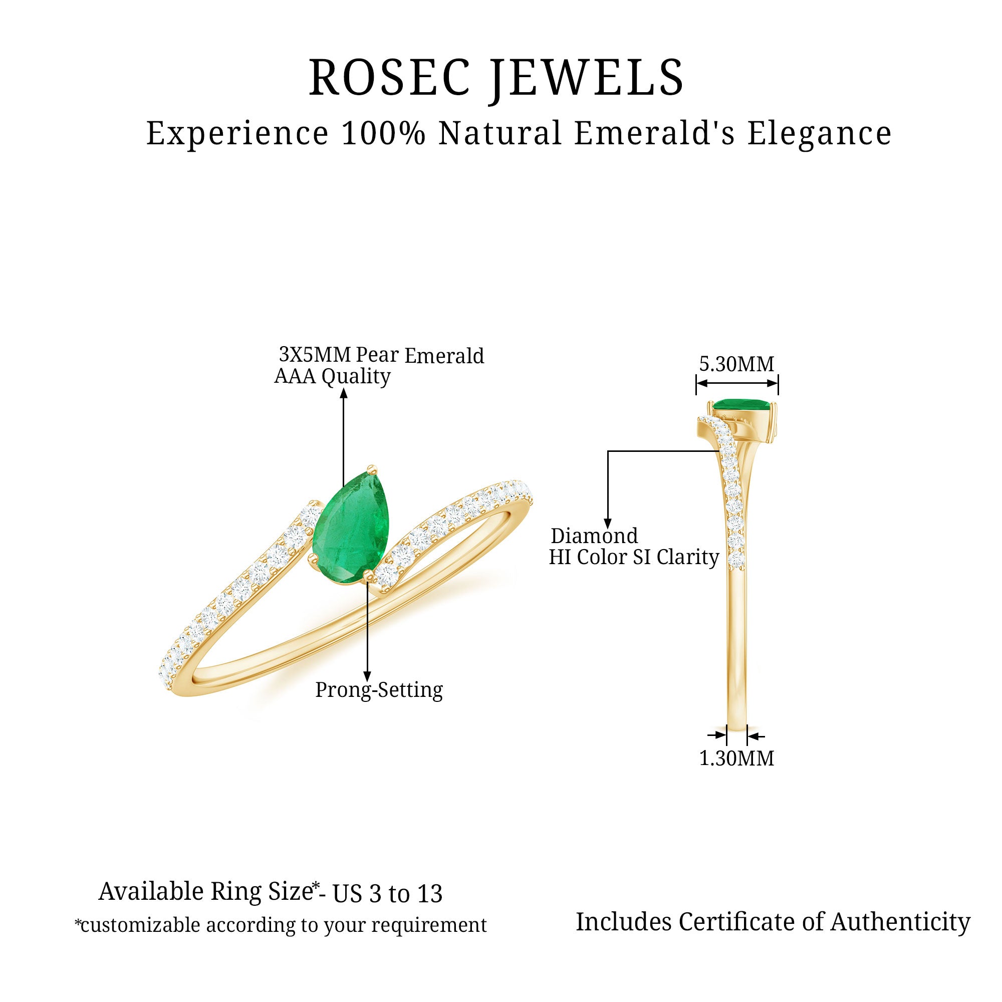 Tilted Pear Cut Solitaire Emerald Bypass Promise Ring with Diamond Emerald - ( AAA ) - Quality - Rosec Jewels