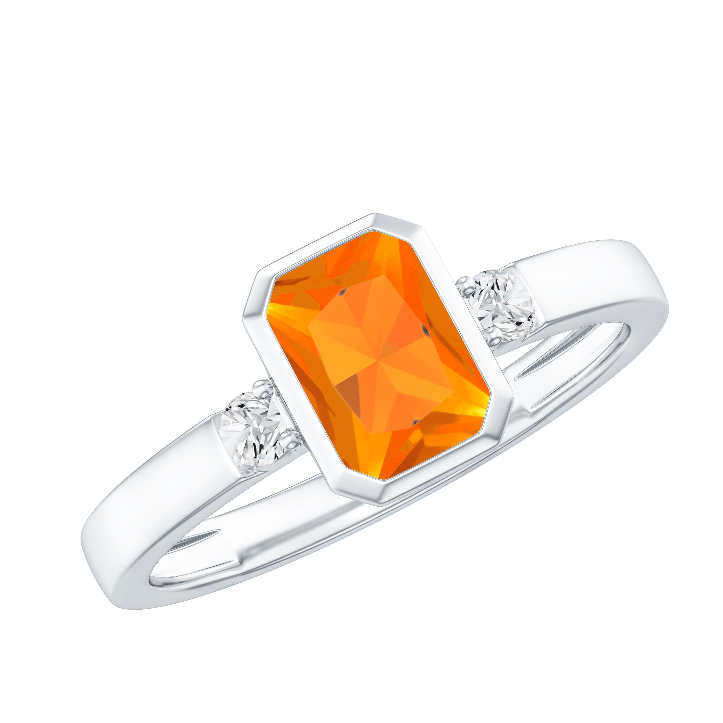 6X8 MM Fire Opal Emerald Cut Engagement Ring with Diamond AAA - Rosec Jewels