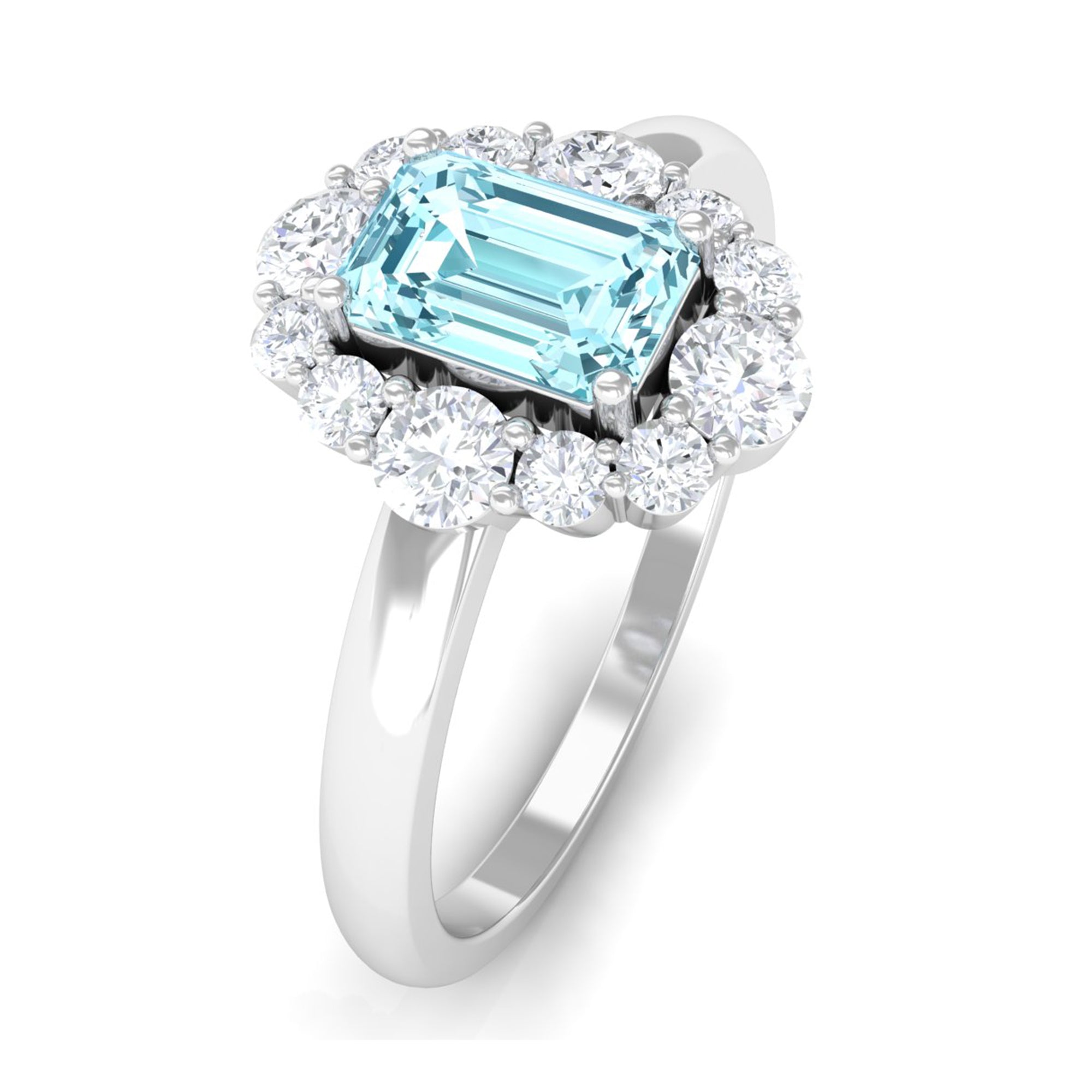 Rosec Jewels-Octagon Aquamarine Engagement Ring with Diamond Halo