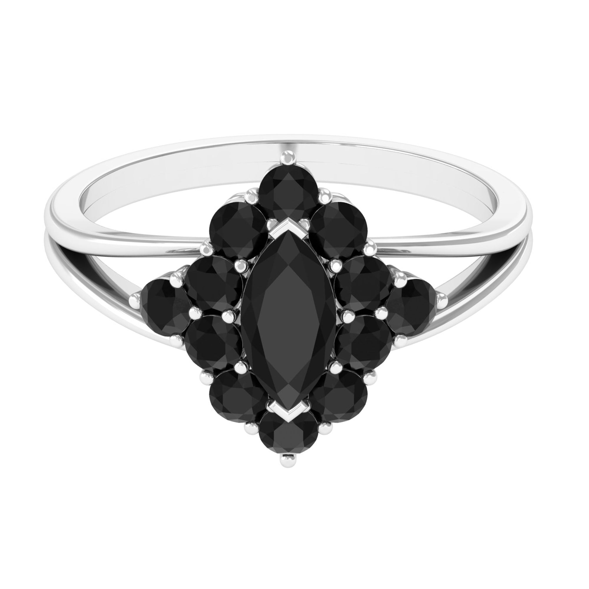 Black Onyx Cluster Cocktail Ring in Split Shank Black Onyx - ( AAA ) - Quality - Rosec Jewels