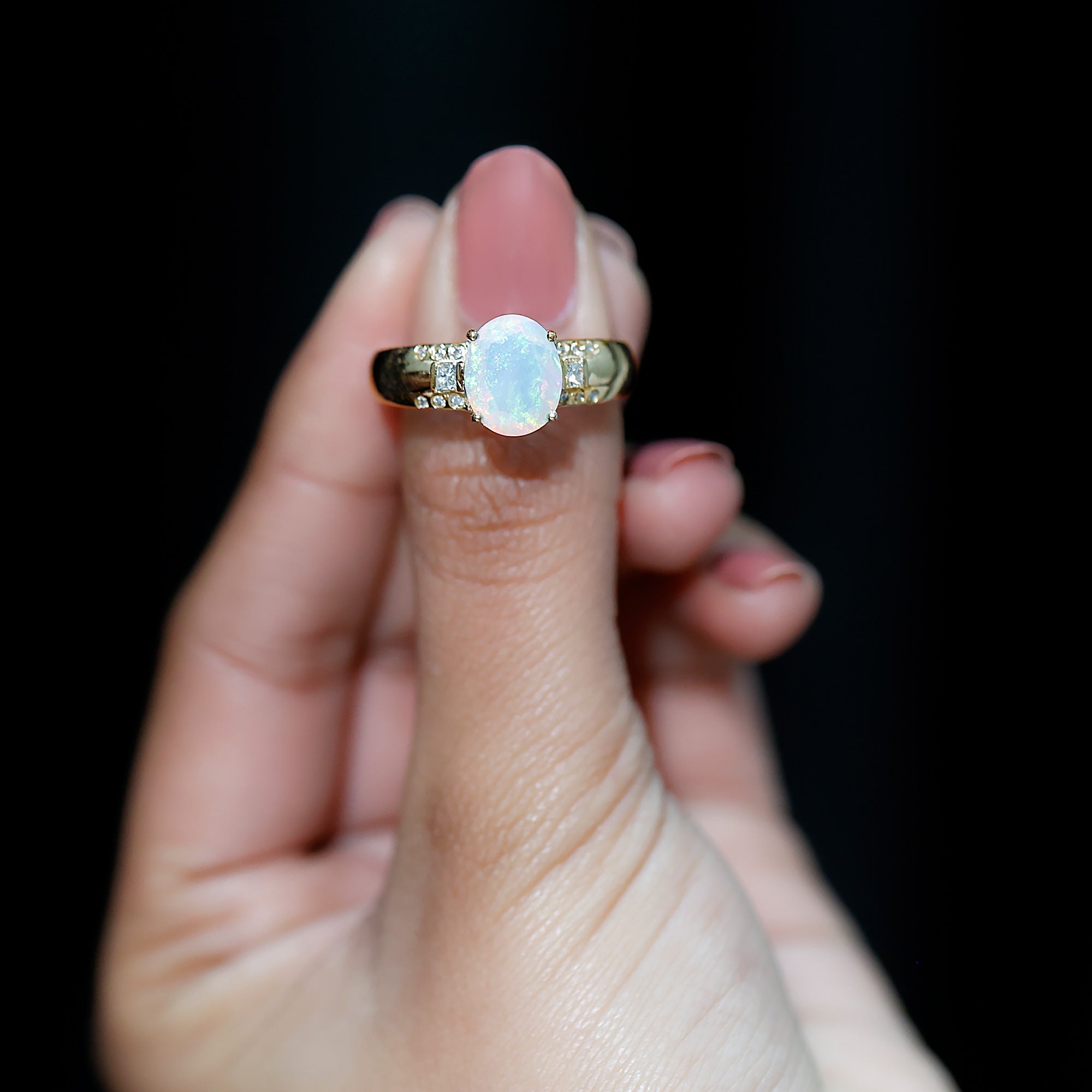 Oval Ethiopian Opal Solitaire Engagement Ring with Diamond Ethiopian Opal - ( AAA ) - Quality - Rosec Jewels
