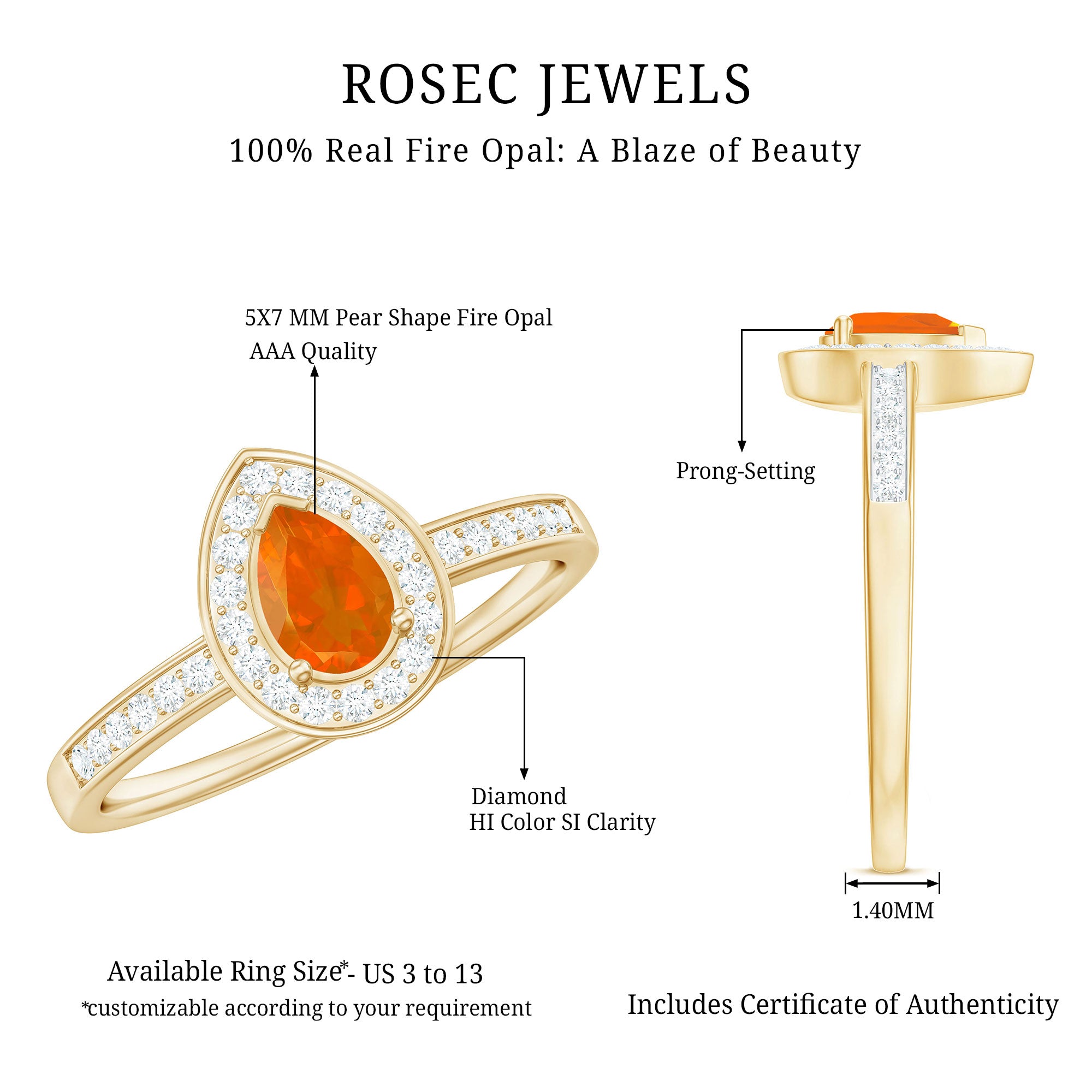 Rosec Jewels-Classic Fire Opal Engagement Ring with Diamond Halo