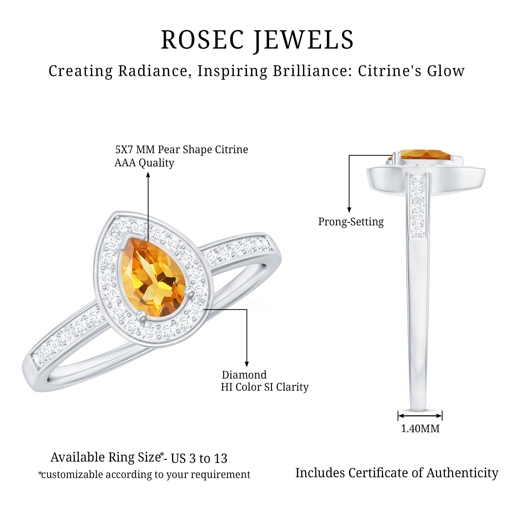Natural 5X7mm Pear Shape Citrine Engagement Ring with Diamond Halo AAA - Rosec Jewels
