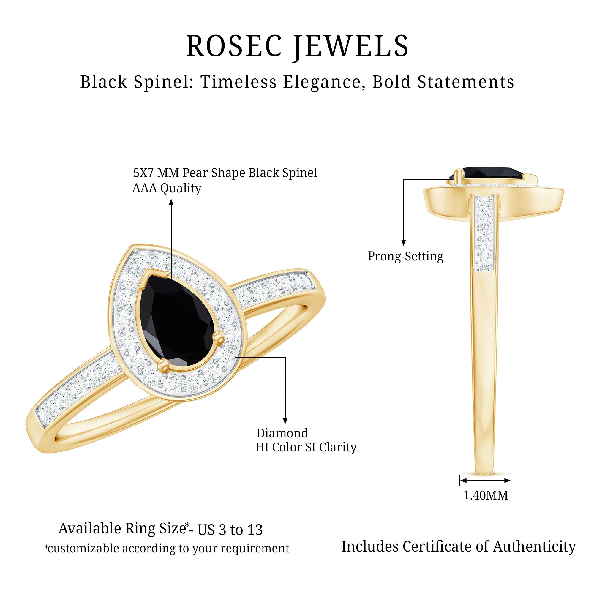 Genuine Black Spinel Teardrop Engagement Ring with Diamond Halo AAA - Rosec Jewels