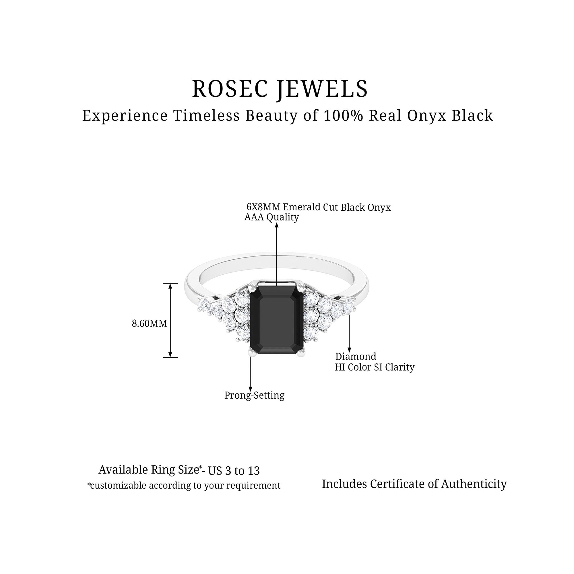 2.25 CT Octagon Cut Black Onyx Engagement Ring with Diamond Side Stones Black Onyx - ( AAA ) - Quality - Rosec Jewels