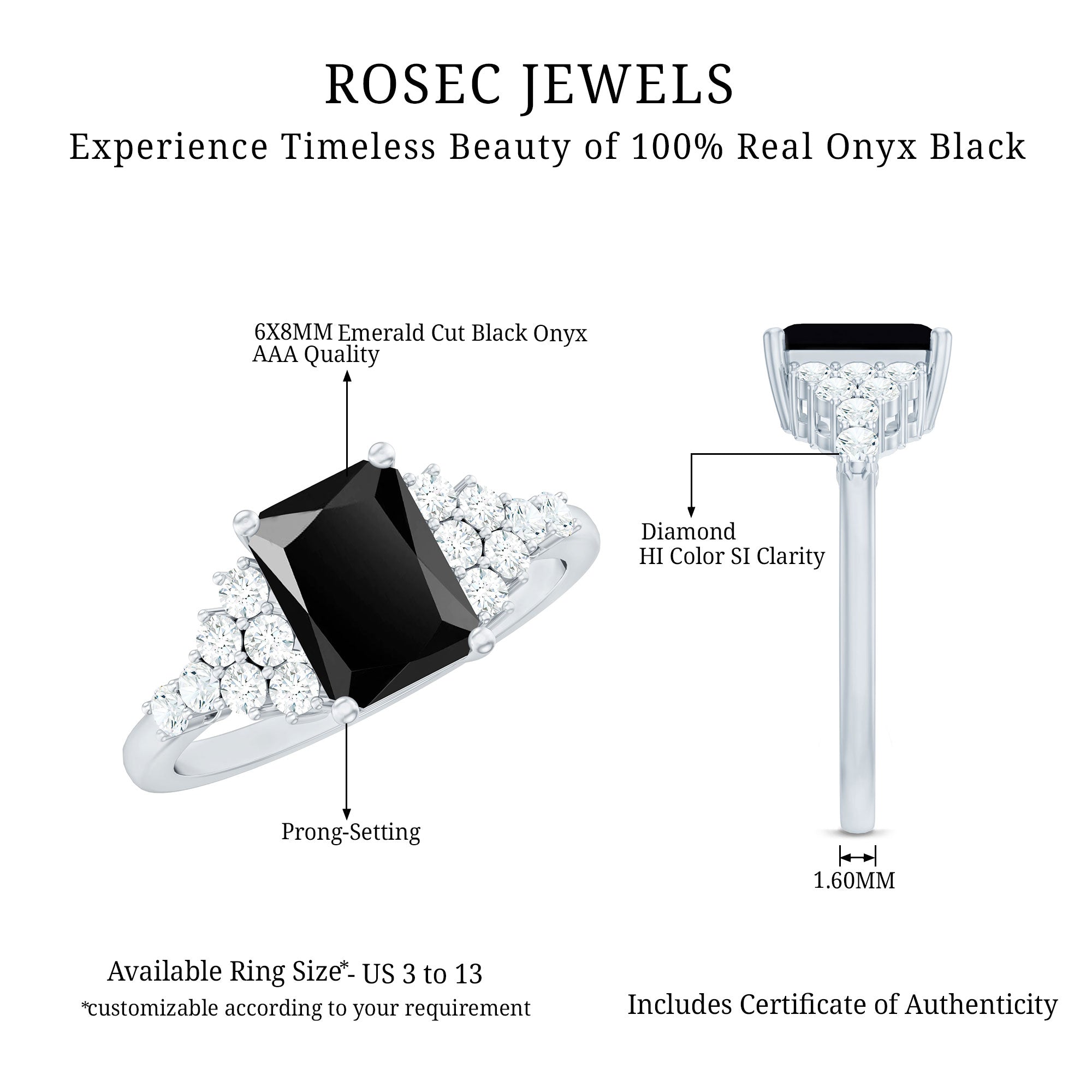 Certified 6X8MM Emerald Cut Black Onyx Engagement Ring with Diamonds AAA - Rosec Jewels