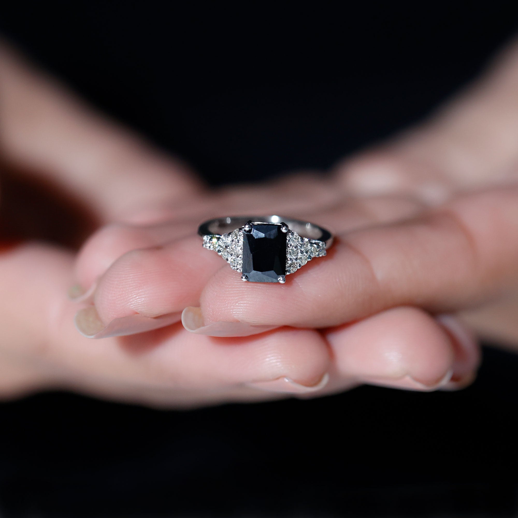 Certified 6X8MM Emerald Cut Black Onyx Engagement Ring with Diamonds AAA - Rosec Jewels