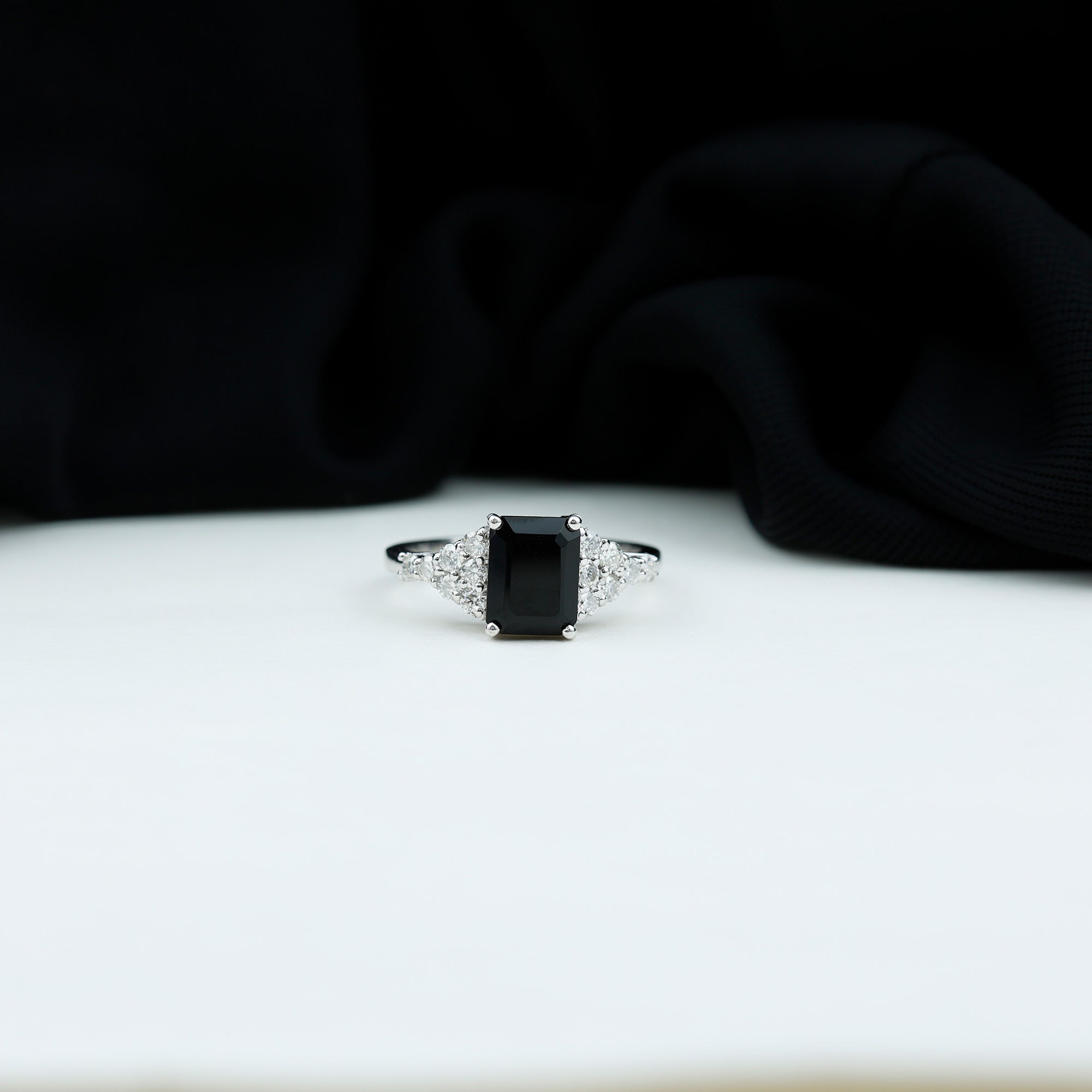 Certified 6X8MM Emerald Cut Black Onyx Engagement Ring with Diamonds AAA - Rosec Jewels