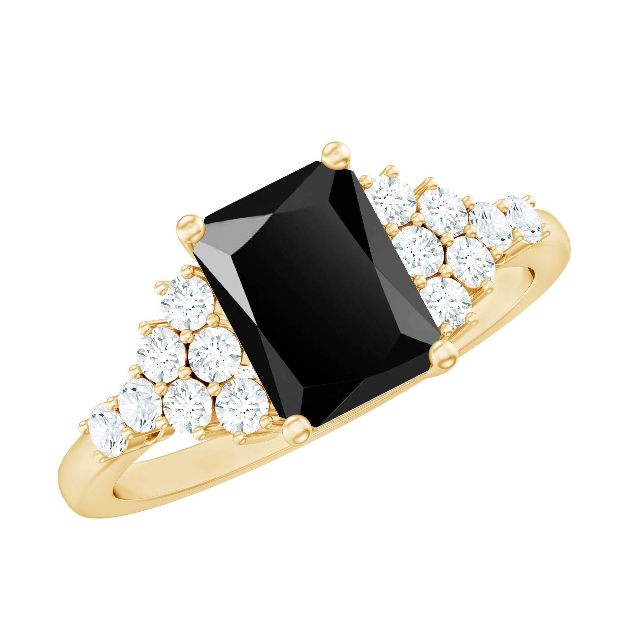 Certified 6X8MM Emerald Cut Black Onyx Engagement Ring with Diamonds AAA - Rosec Jewels
