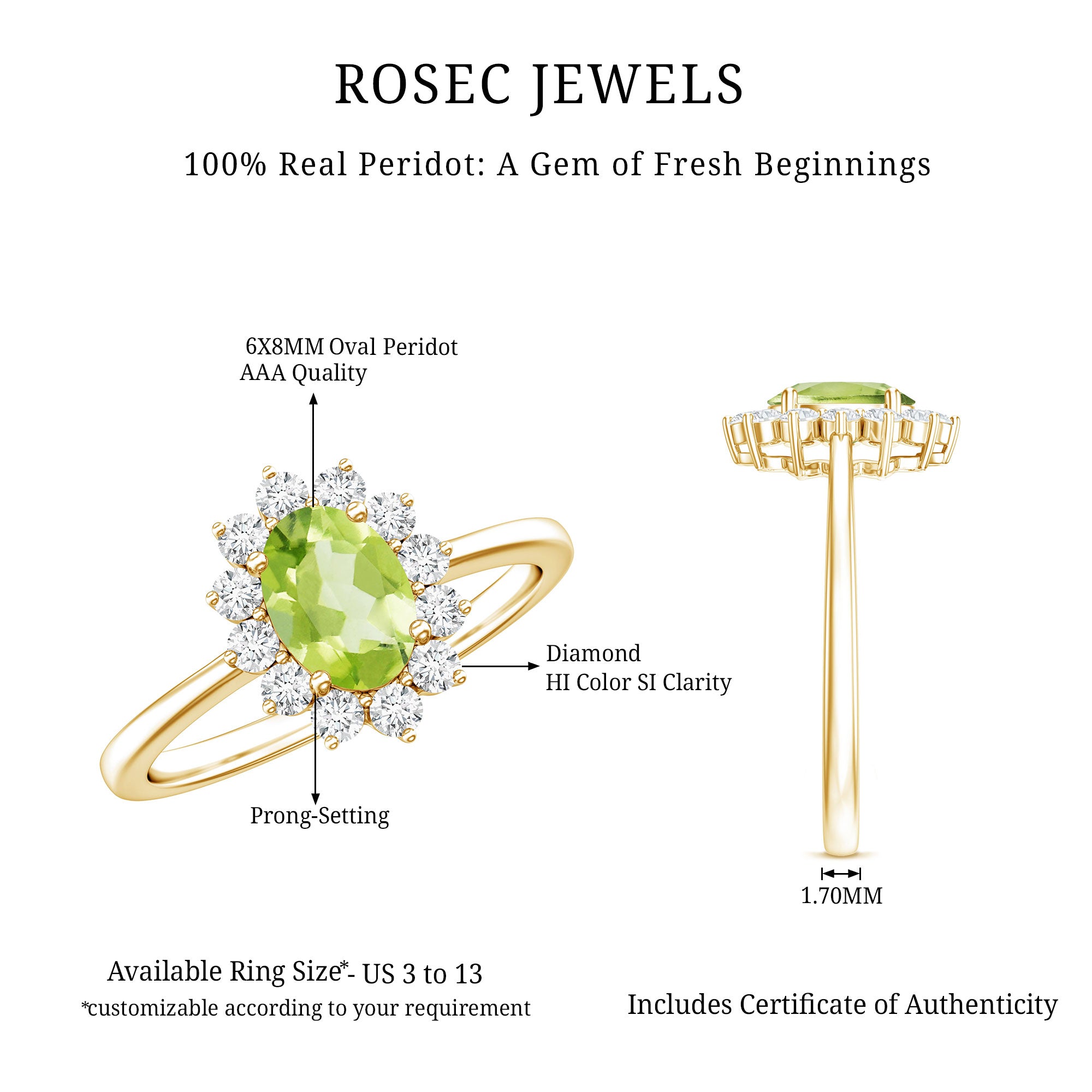 Real 1 Carat Peridot Oval Engagement Ring with Diamond Halo AAA - Rosec Jewels