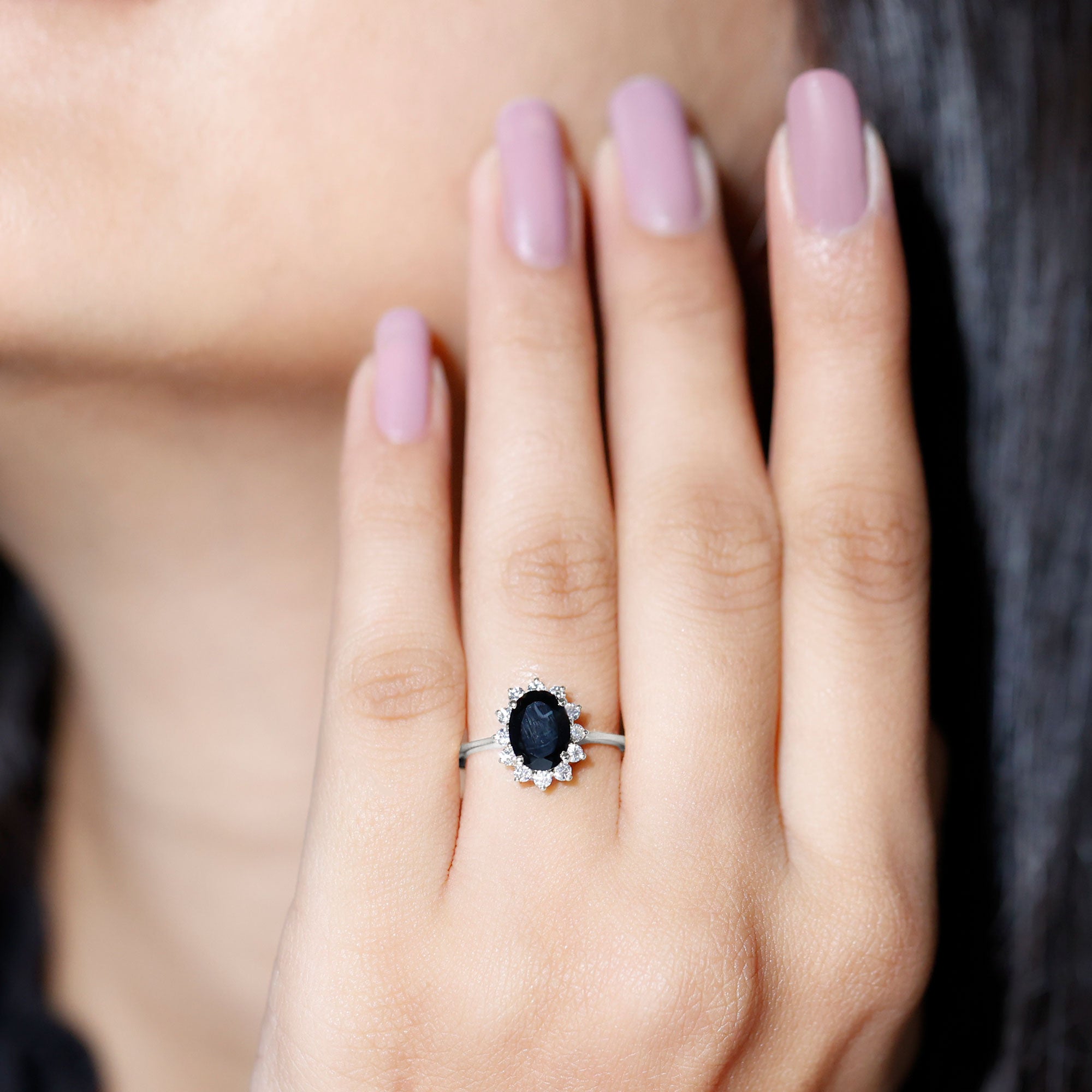 Rosec Jewels-Oval Cut Real Black Onyx and Diamond Halo Engagement Ring