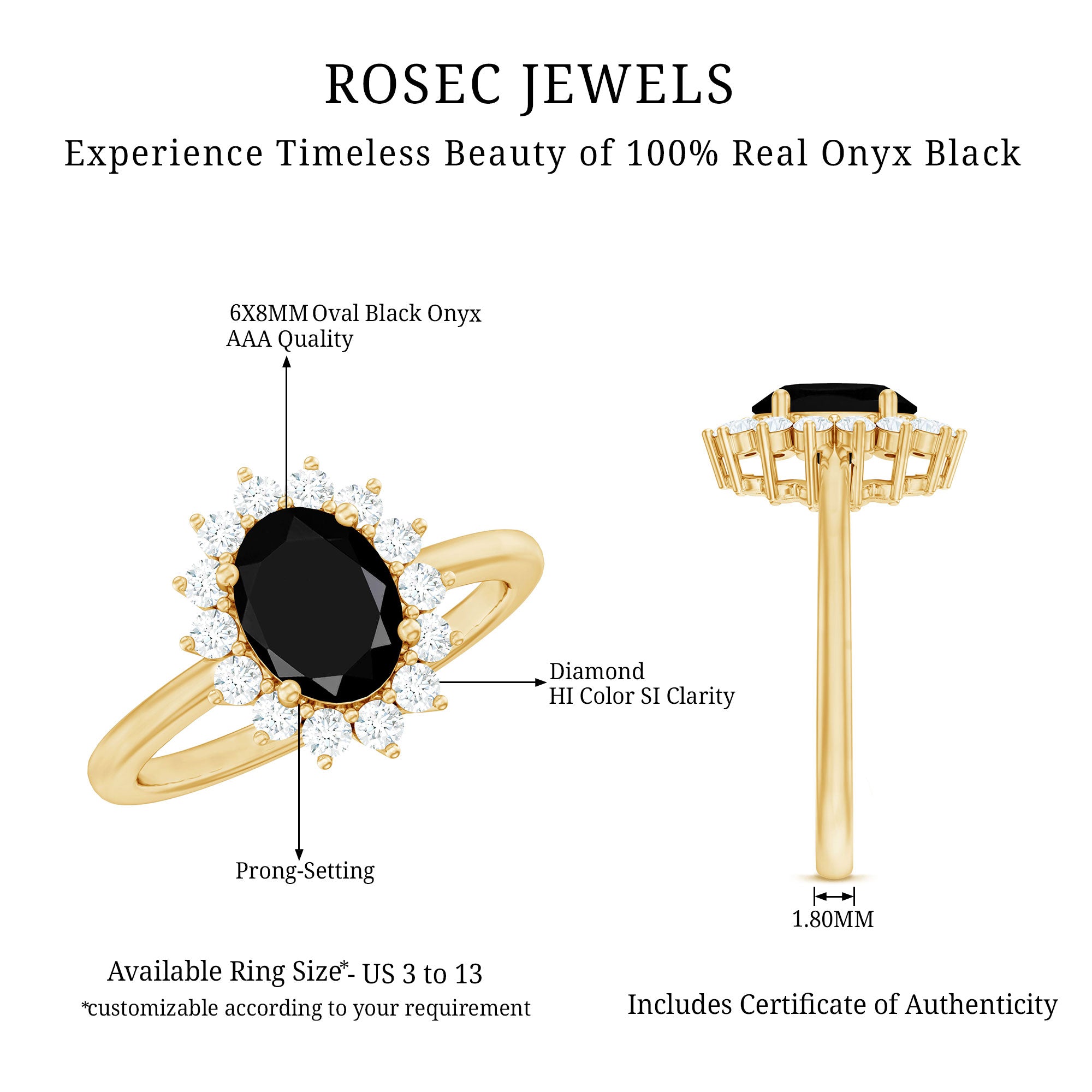 Rosec Jewels-Oval Cut Real Black Onyx and Diamond Halo Engagement Ring