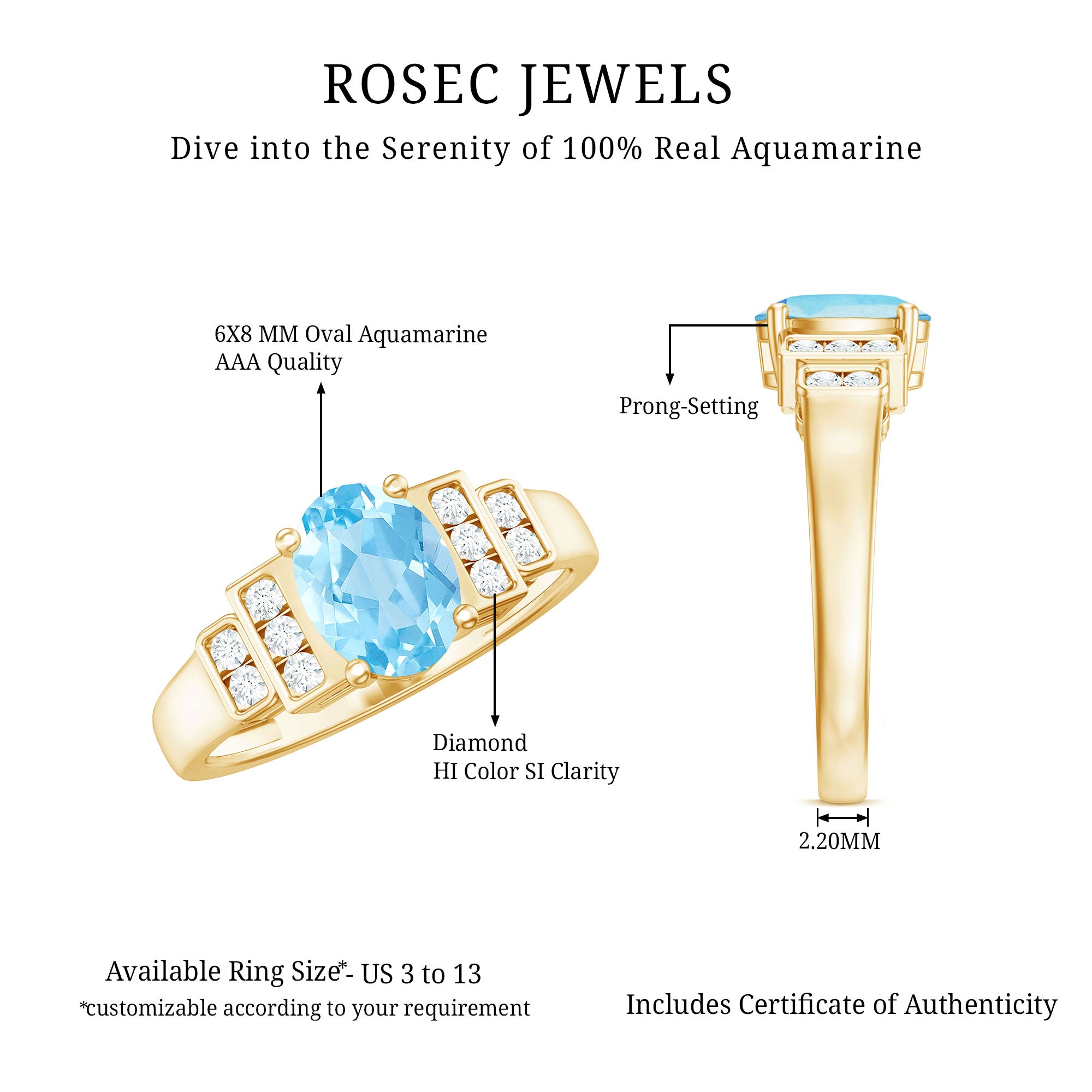 Rosec Jewels-Real 6X8mm Aquamarine Statement Engagement Ring with Diamond