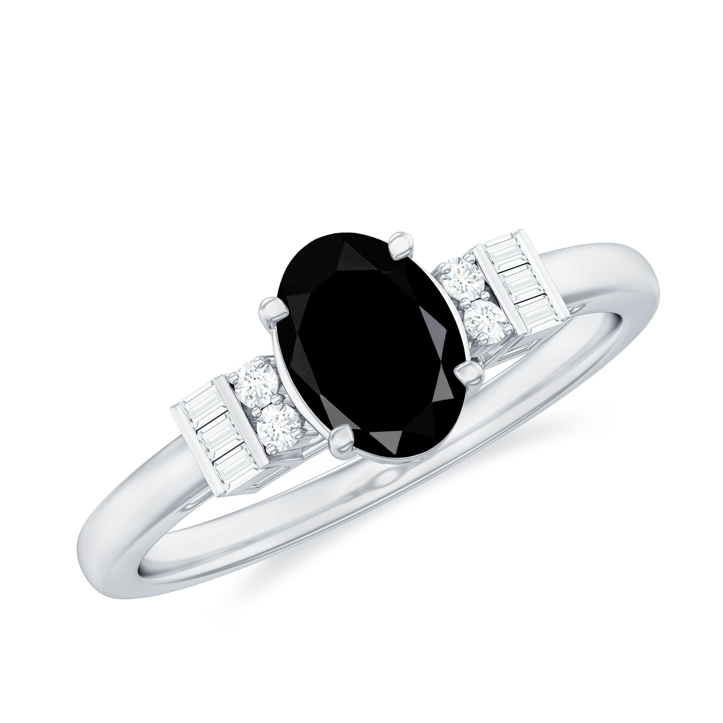 Classic Black Onyx Solitaire Engagement Ring with Diamond Black Onyx - ( AAA ) - Quality - Rosec Jewels