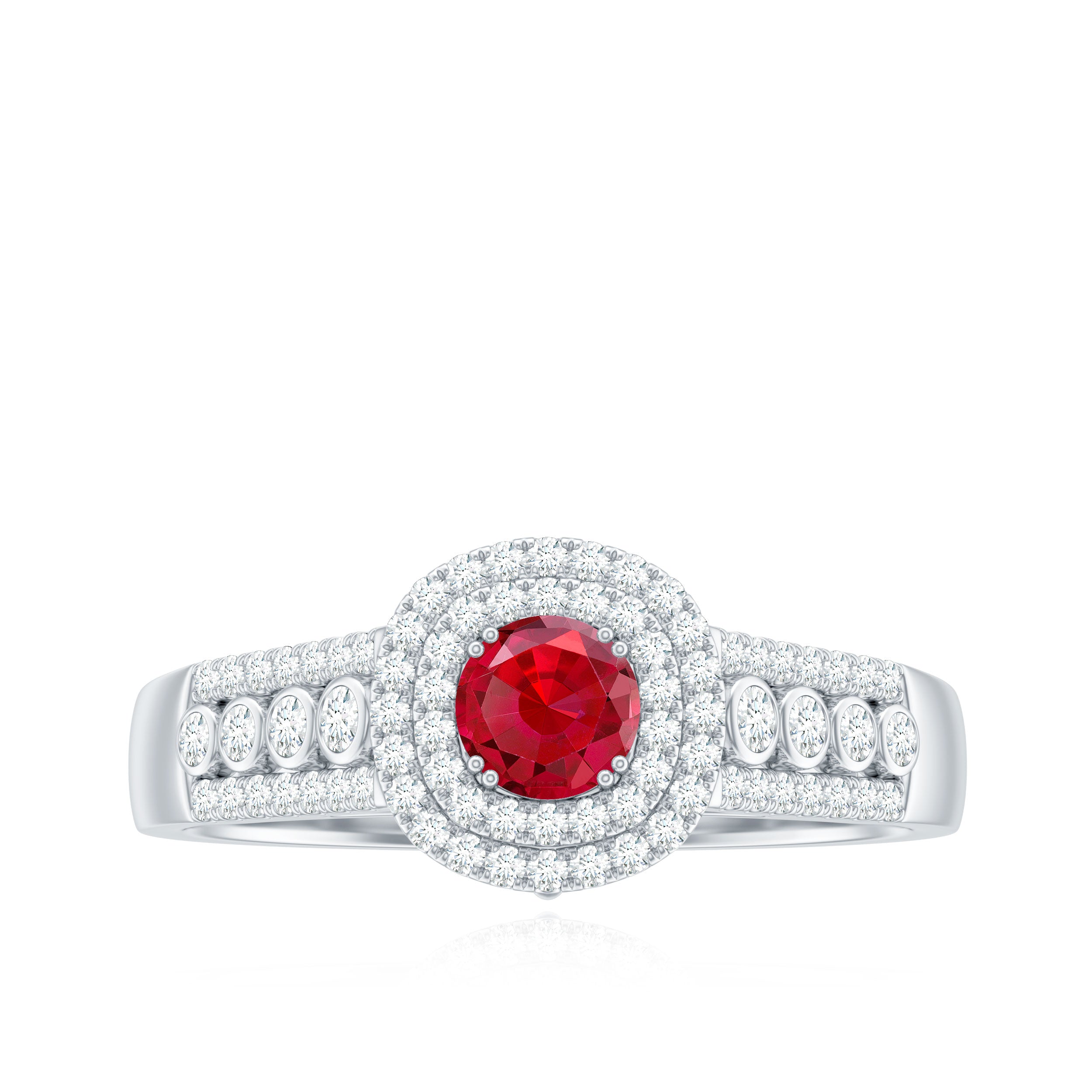 Antique Style Lab Ruby and Moissanite Double Halo Engagement Ring AAAA - Rosec Jewels