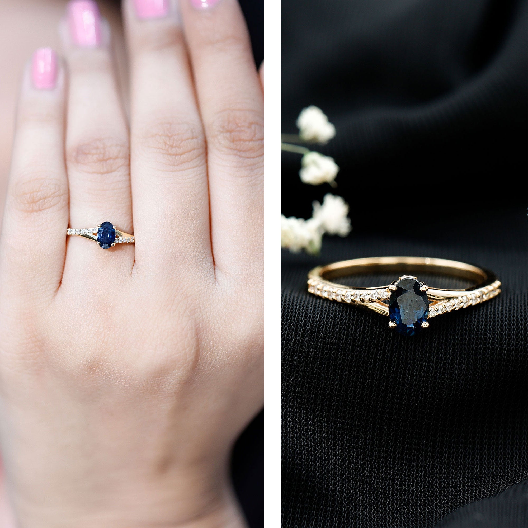 Natural 0.6 Carat Blue Sapphire Minimal Engagement Ring with Diamond Split Shank AAA - Rosec Jewels