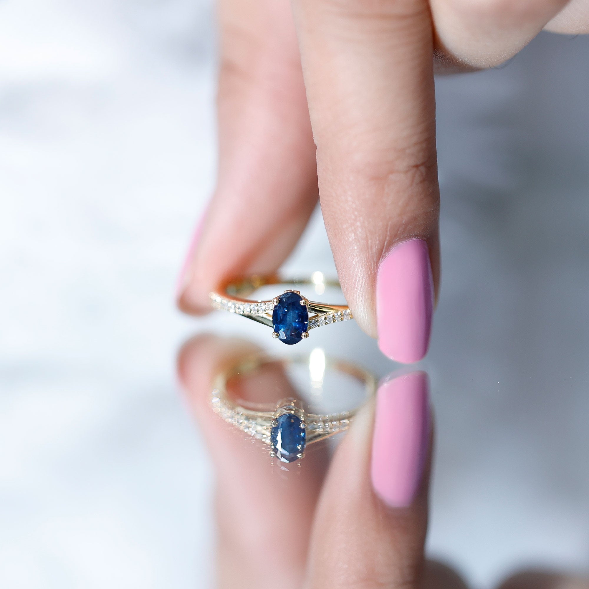 Natural 0.6 Carat Blue Sapphire Minimal Engagement Ring with Diamond Split Shank AAA - Rosec Jewels