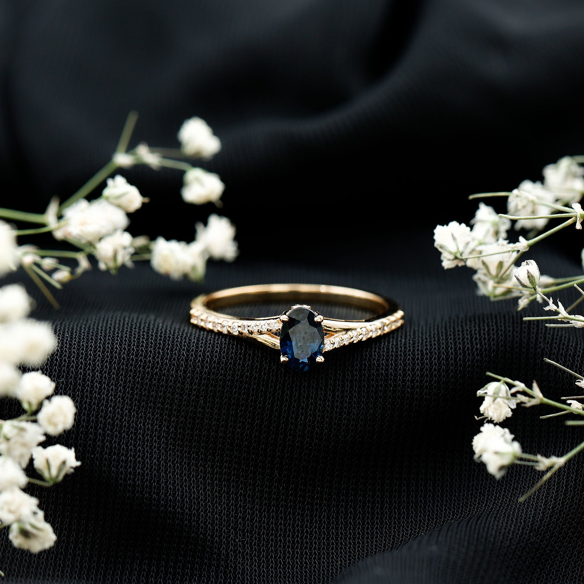 Natural 0.6 Carat Blue Sapphire Minimal Engagement Ring with Diamond Split Shank AAA - Rosec Jewels