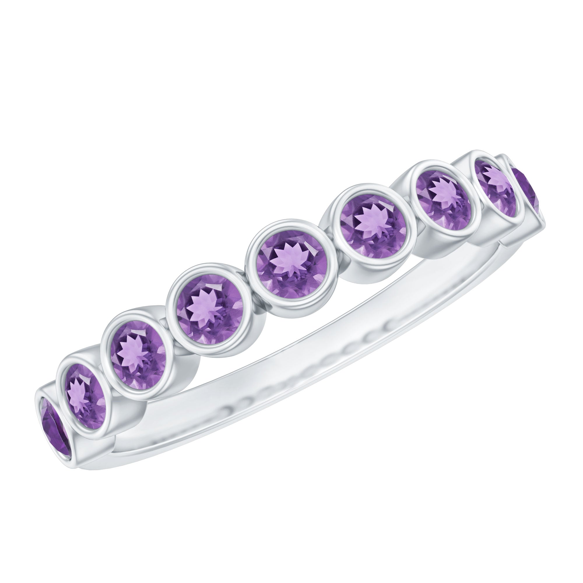 Bezel Set Natural Amethyst Half Eternity Wedding Band in Silver