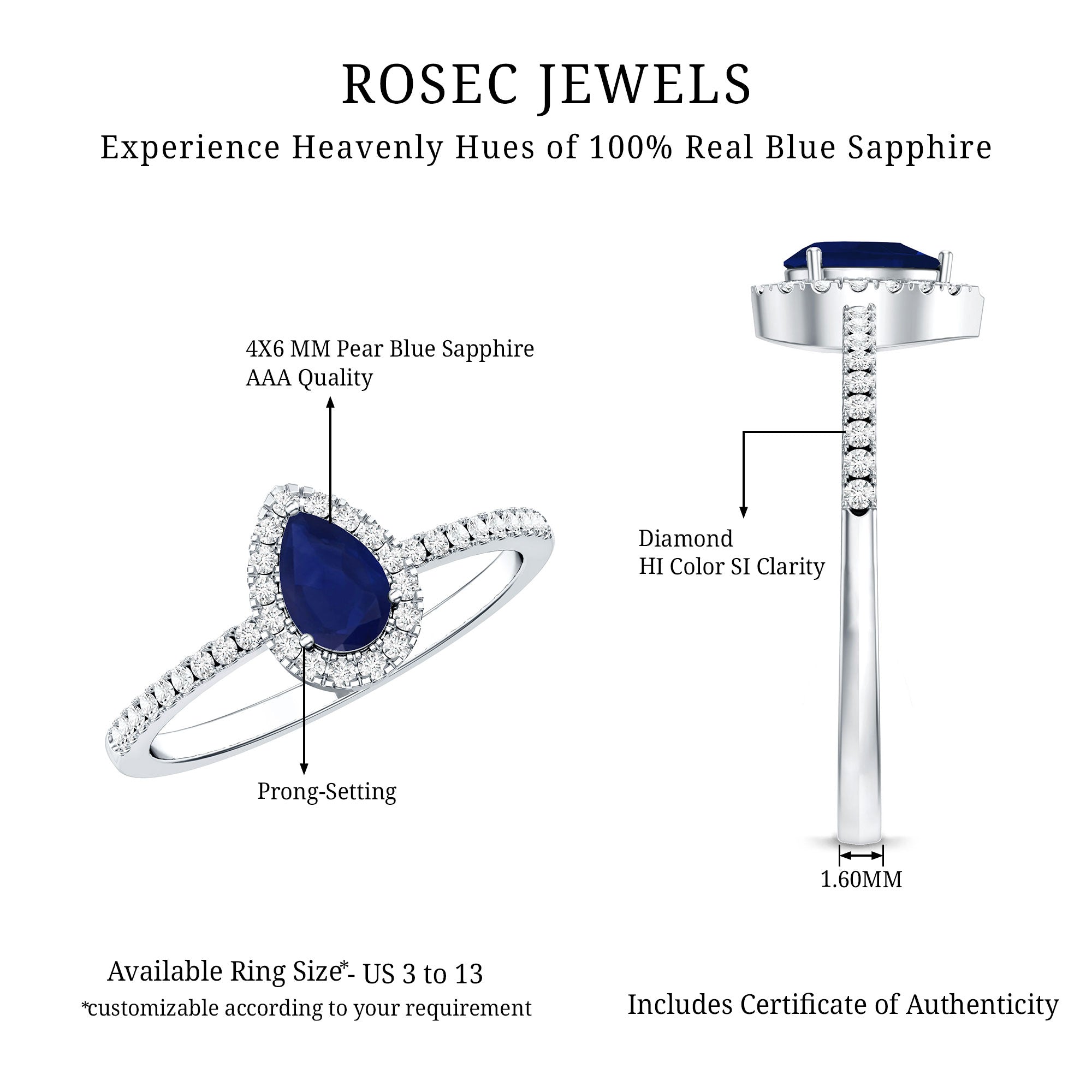 Natural Half Carat Blue Sapphire Teardrop Engagement Ring with Diamond Halo AAA - Rosec Jewels