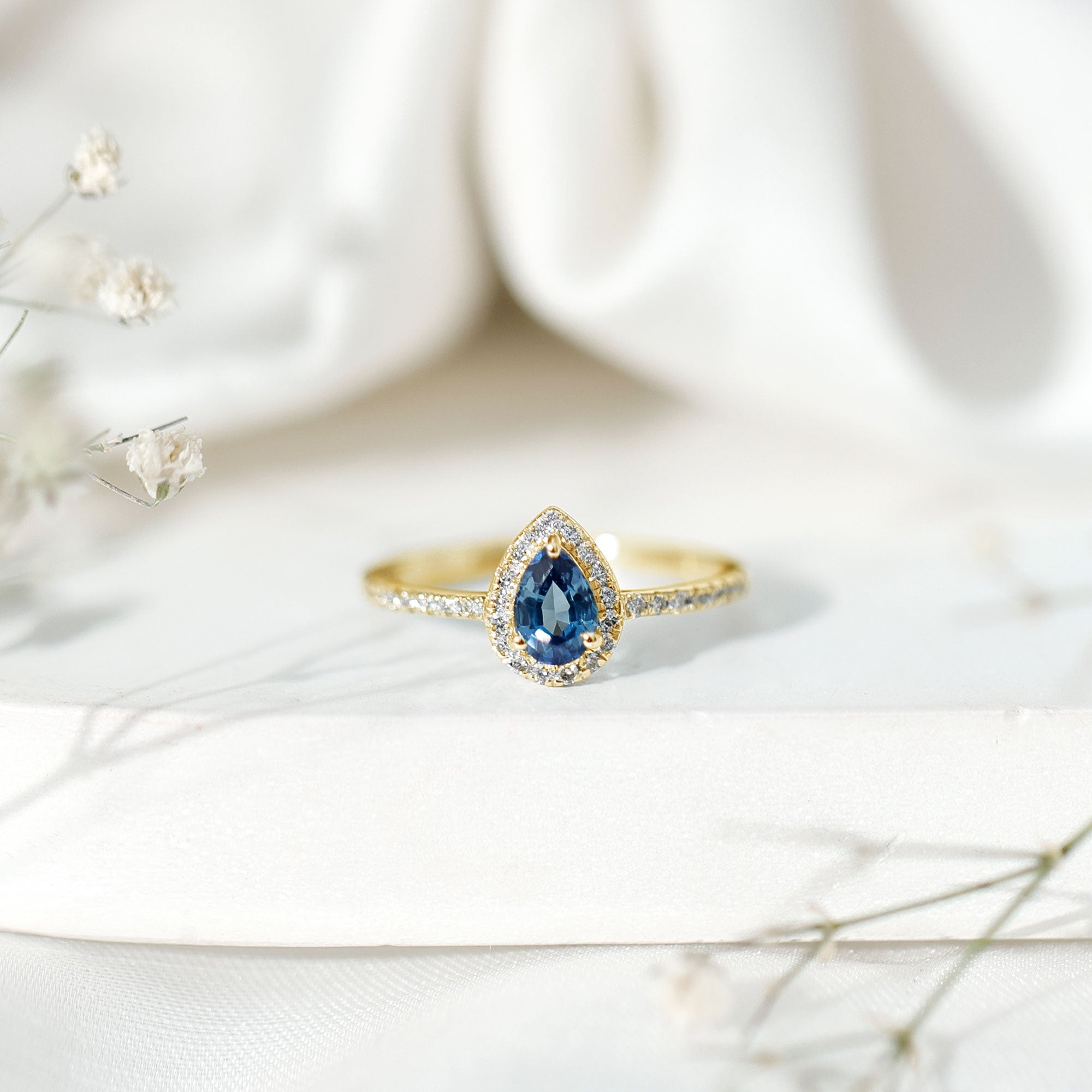 Natural Half Carat Blue Sapphire Teardrop Engagement Ring with Diamond Halo AAA - Rosec Jewels