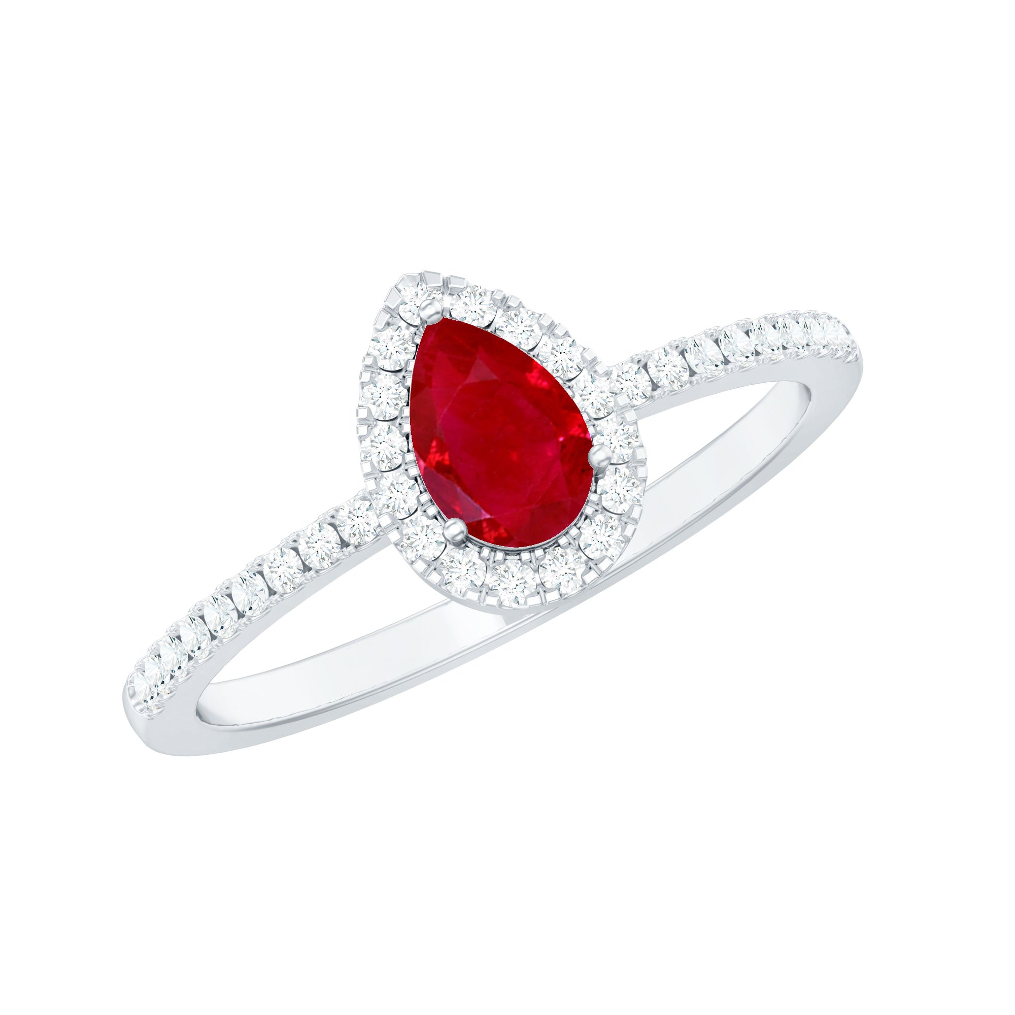 Natural Ruby Teardrop Ring with Diamond Halo