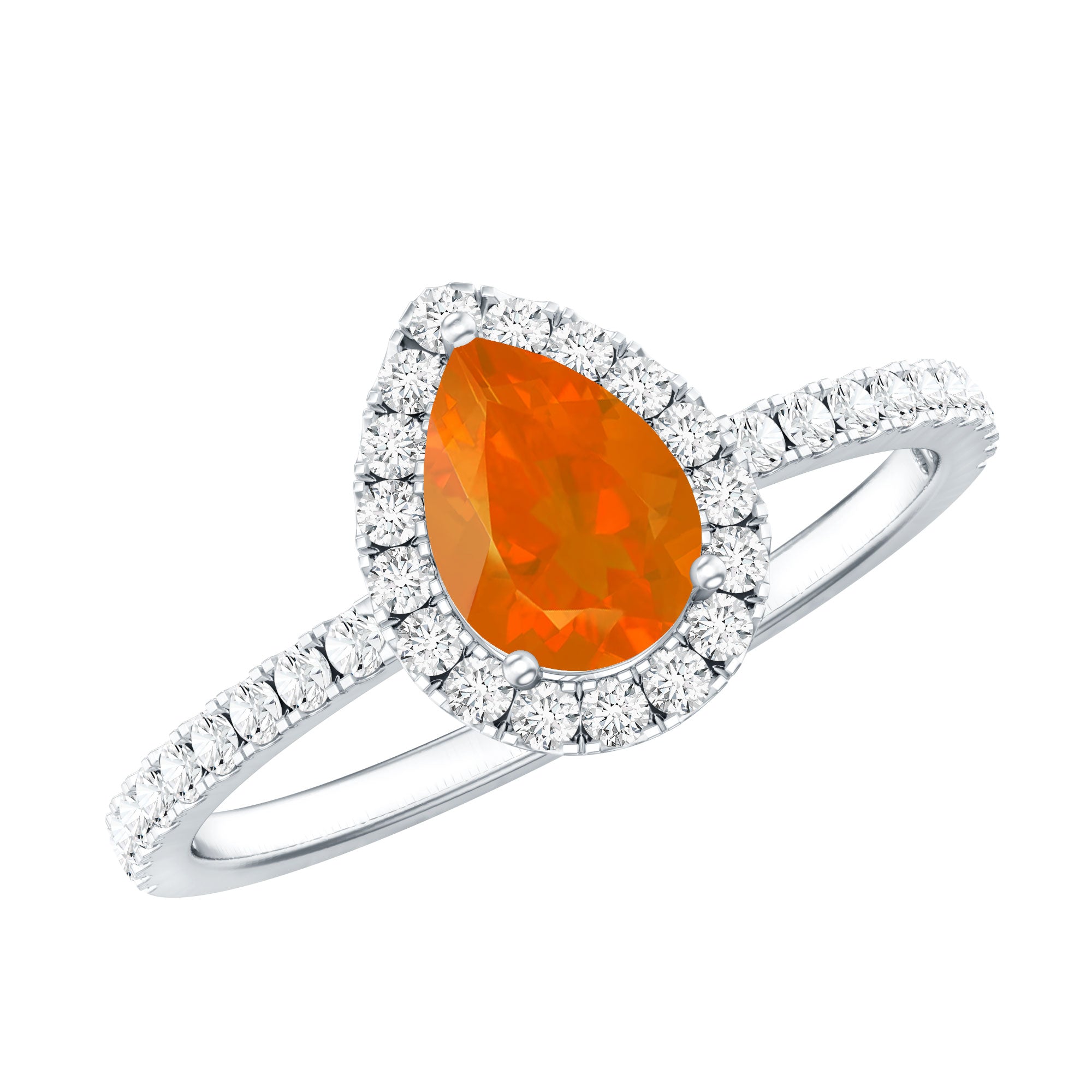 Rosec Jewels-Genuine Fire Opal Teardrop Ring with Diamond Halo