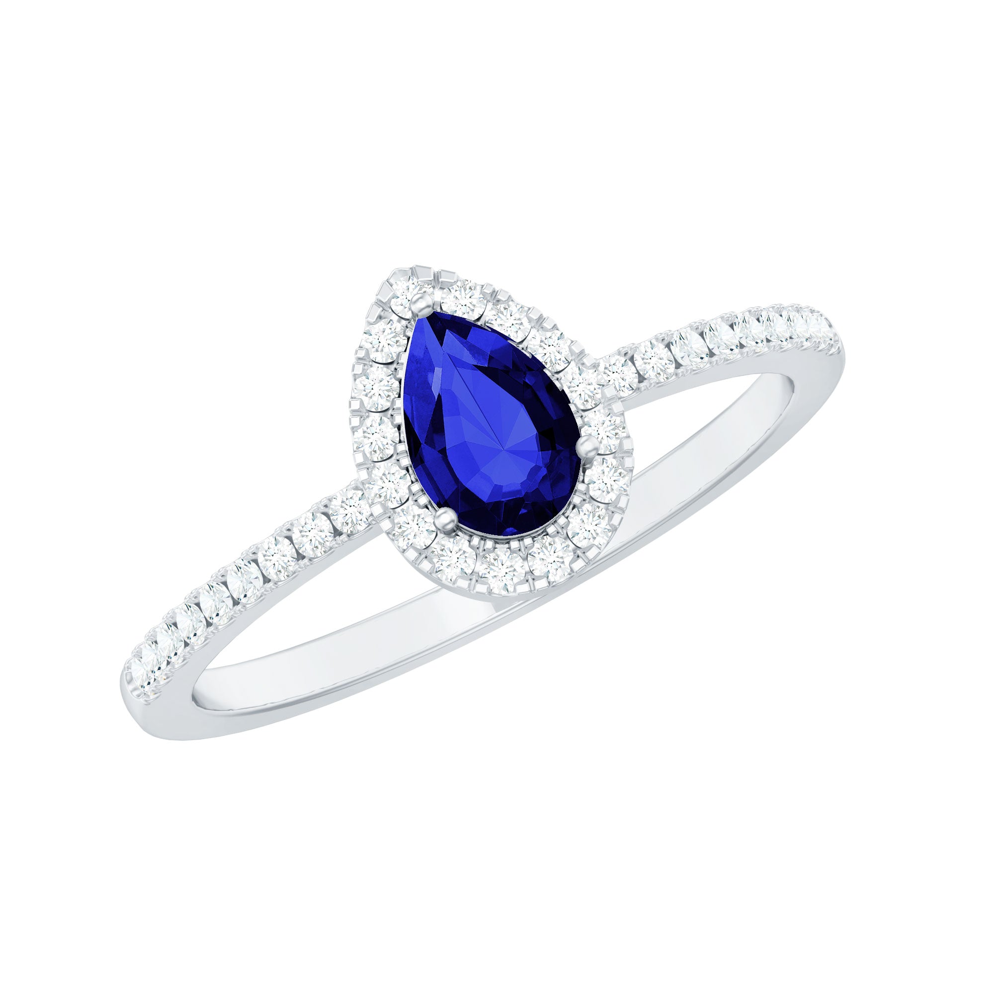 Pear Cut Created Blue Sapphire and Diamond Halo Ring Rosec Jewels UK