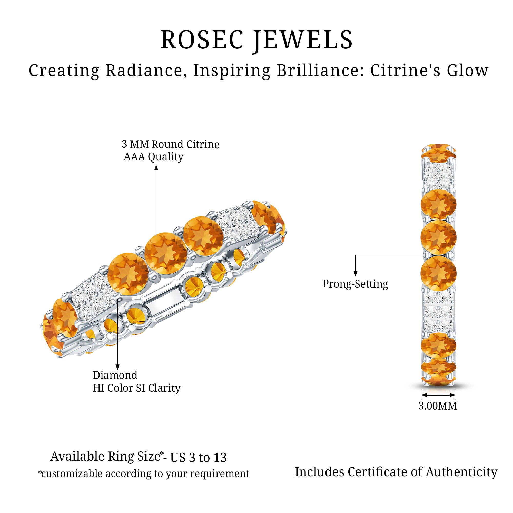 Natural Citrine Diamond Eternity Wedding Band AAA - Rosec Jewels